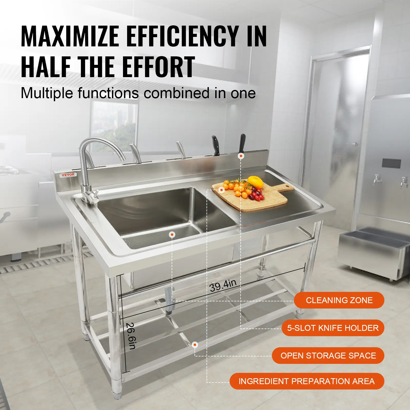VEVOR Free Standing Stainless-Steel Single Bowl Commercial Restaurant Kitchen Sink Set w/Faucet & Drainboard Utility Sink