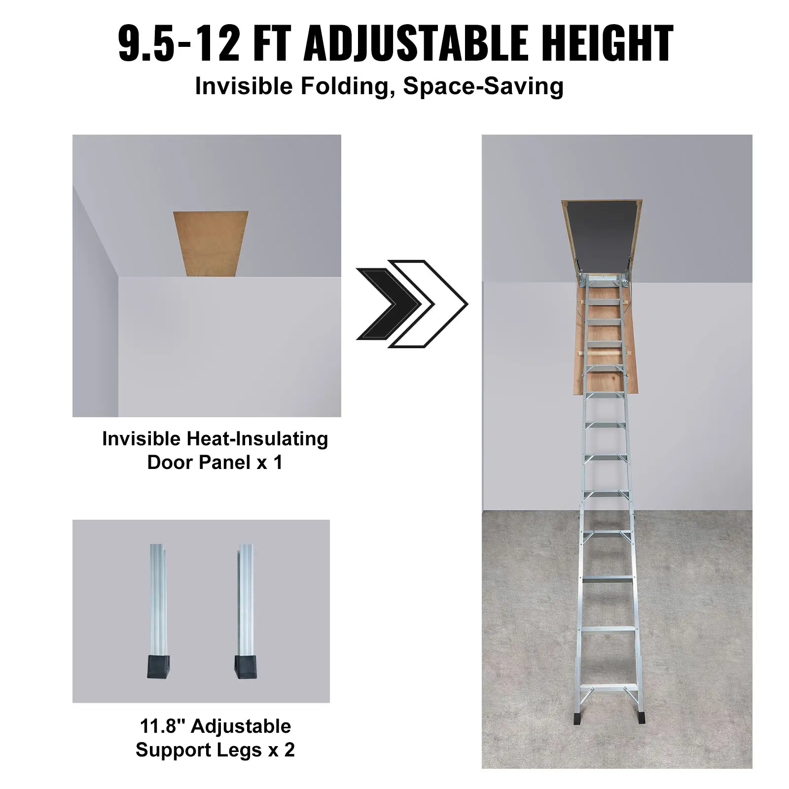 SucceBuy Attic Ladder Foldable 350pound  22.5" x 63" Multi-Purpose Aluminium Extension Light Fits 9.5'-12' Ceiling Heights