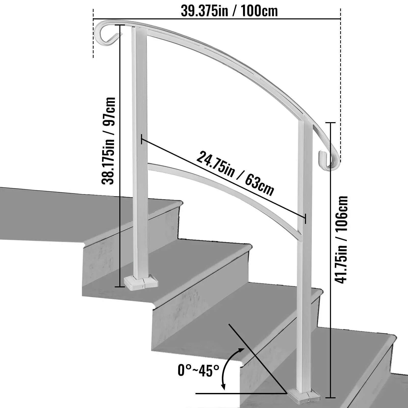 SucceBuy Transitional Iron Step Handrail 1/3 Steps Adjustable White Stair Rail Handrails For Outdoor Steps Wrought Iron Handrail