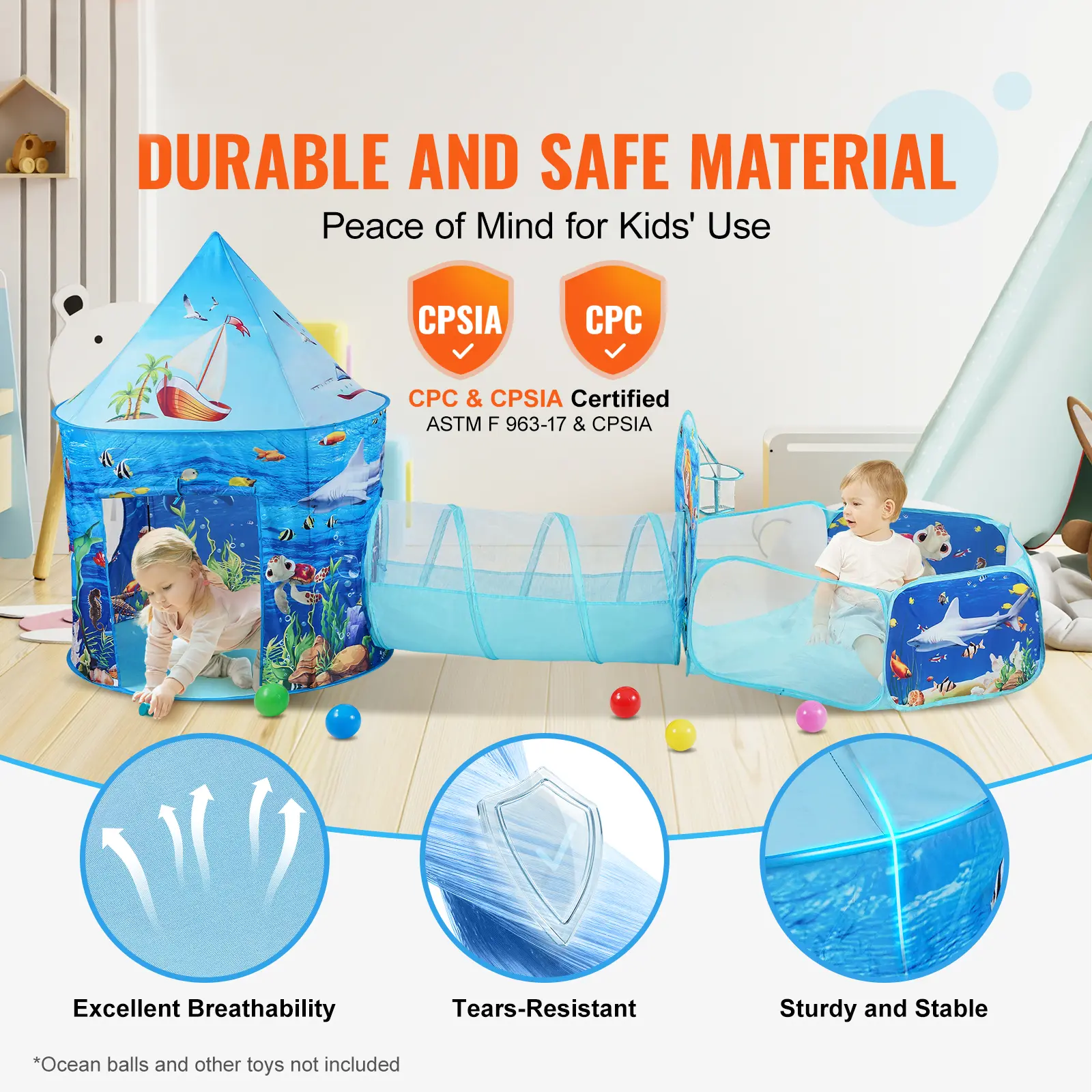SucceBuy 3 in 1 Kids Play Tent with Tunnel Basketball Hoop for Boys Girls Babies and Toddlers Indoor/Outdoor Pop Up Playhouse