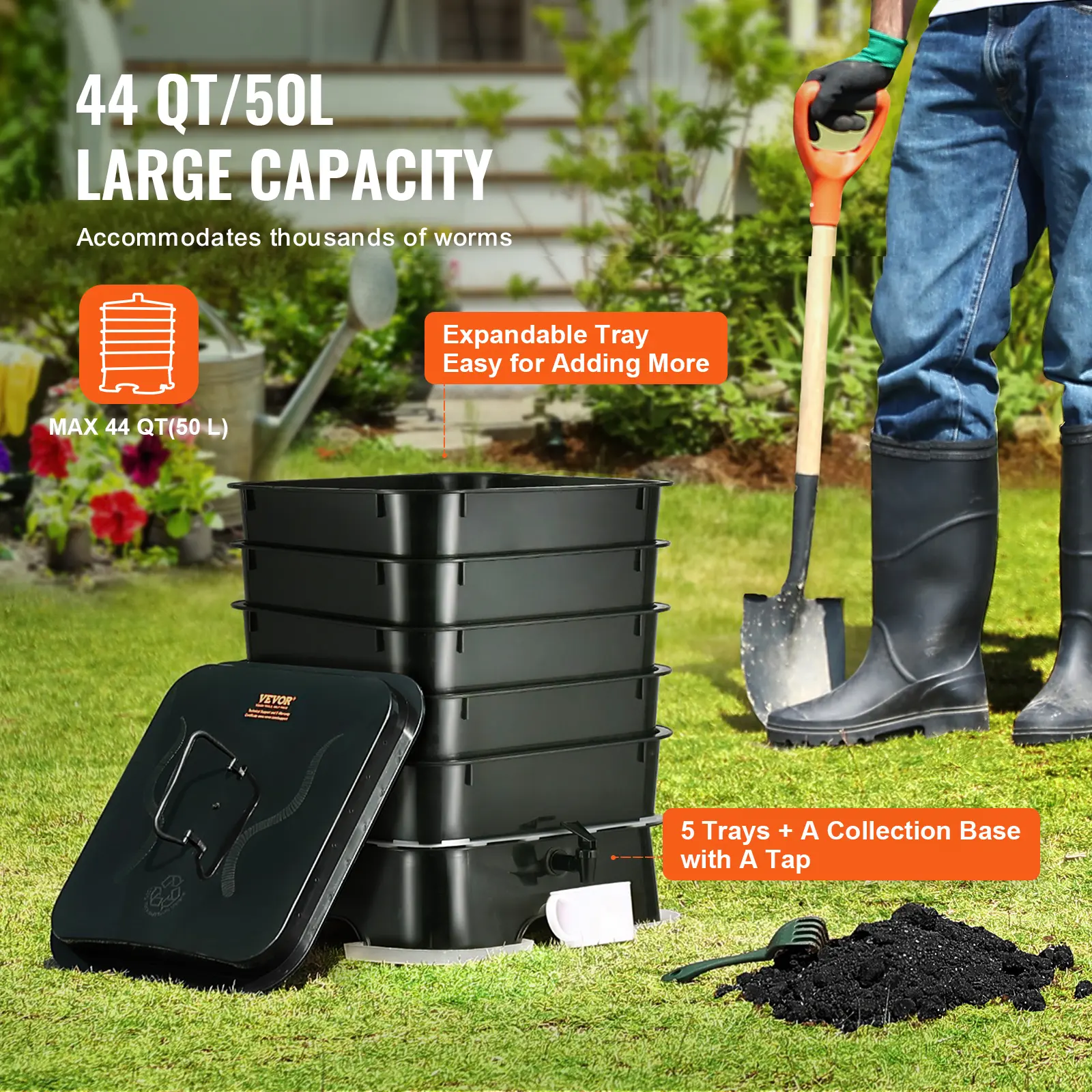 SucceBuy 5-Tray Worm Composter Compost Bin Outdoor And Indoor Sustainable Design Worm Farm Kit For Recycling Food Waste Black