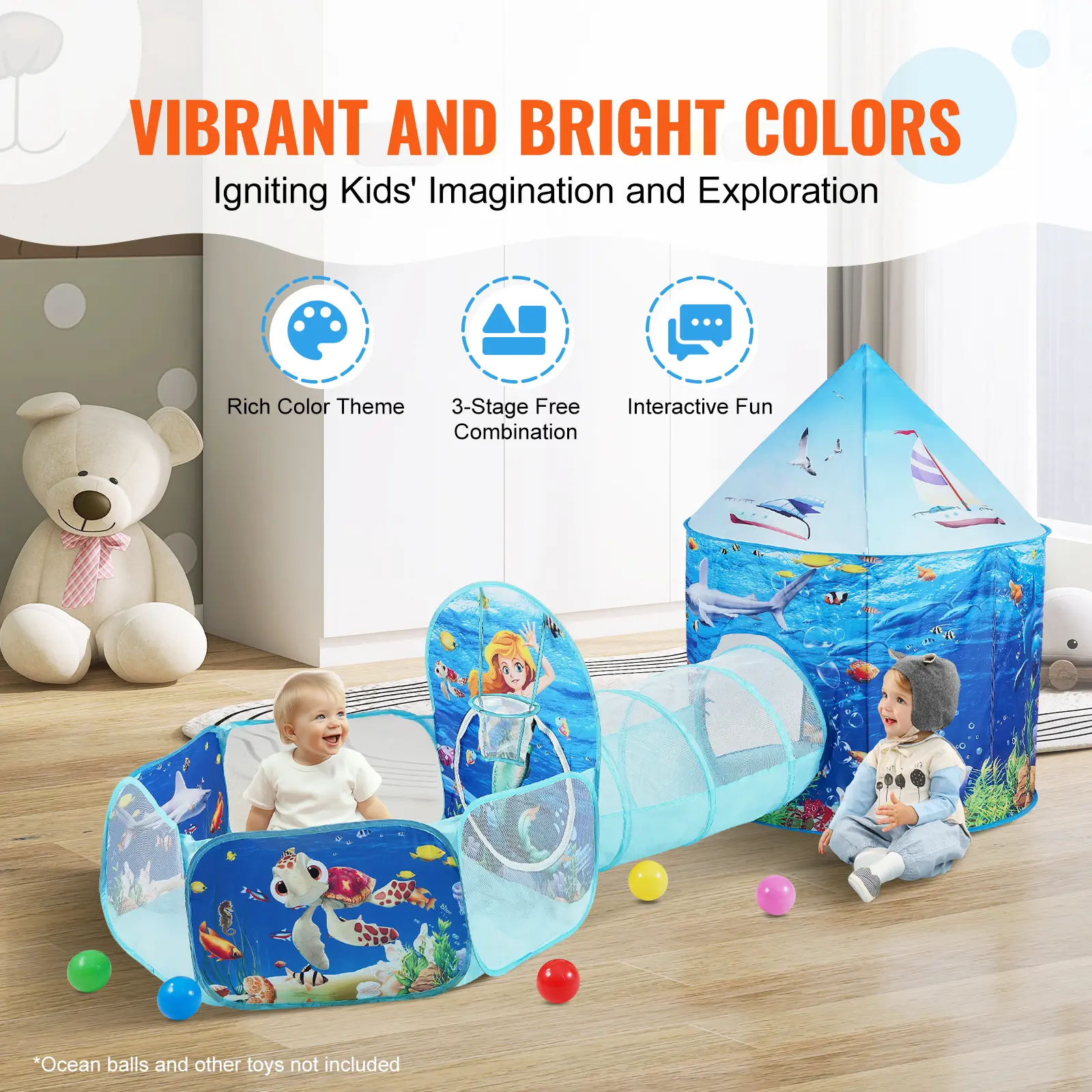 SucceBuy 3 in 1 Kids Play Tent with Tunnel Basketball Hoop for Boys Girls Babies and Toddlers Indoor/Outdoor Pop Up Playhouse