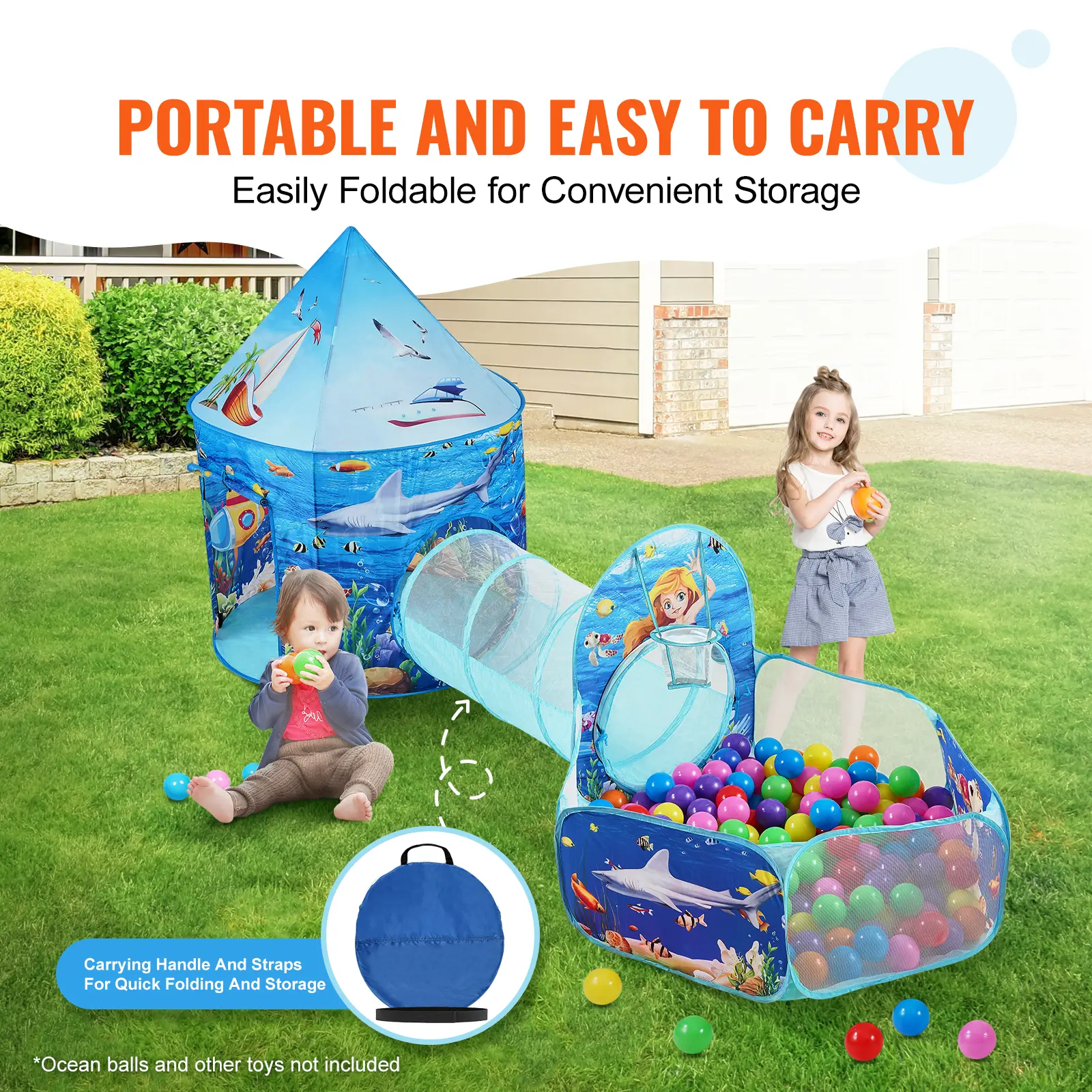 SucceBuy 3 in 1 Kids Play Tent with Tunnel Basketball Hoop for Boys Girls Babies and Toddlers Indoor/Outdoor Pop Up Playhouse