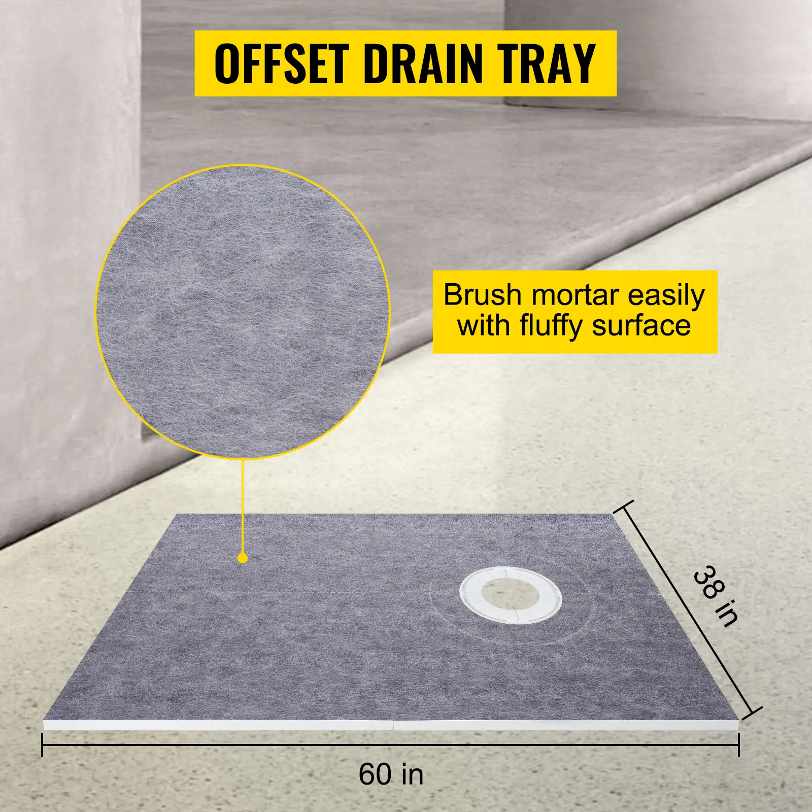 SucceBuy Waterproofing Shower Kit 38''x60'' Shower Kit Tray With Offset Drain PVC Or ABS 4" Stainless Steel Grate 2 Cuttable