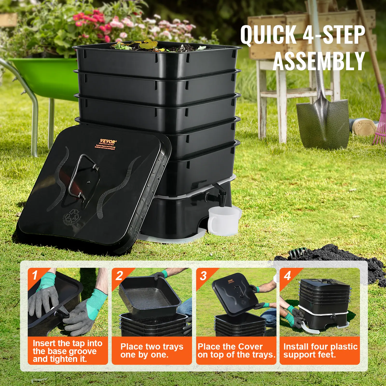 SucceBuy 5-Tray Worm Composter Compost Bin Outdoor And Indoor Sustainable Design Worm Farm Kit For Recycling Food Waste Black