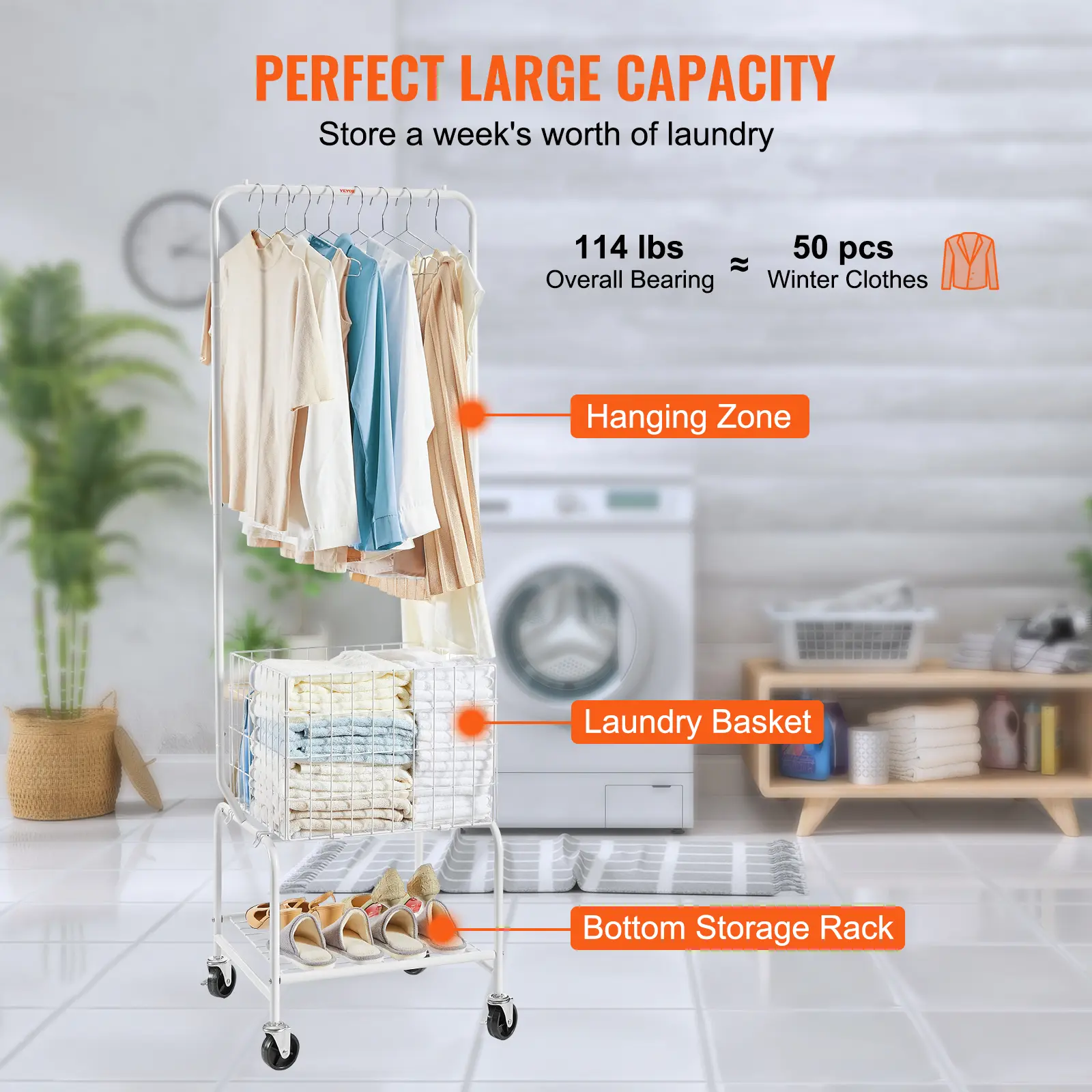 SucceBuy Metal Rolling Laundry Basket w/ Hanging Garment Rack Height Adjustment Laundry Hamper Cart w/ Basket Load & Shelf Load