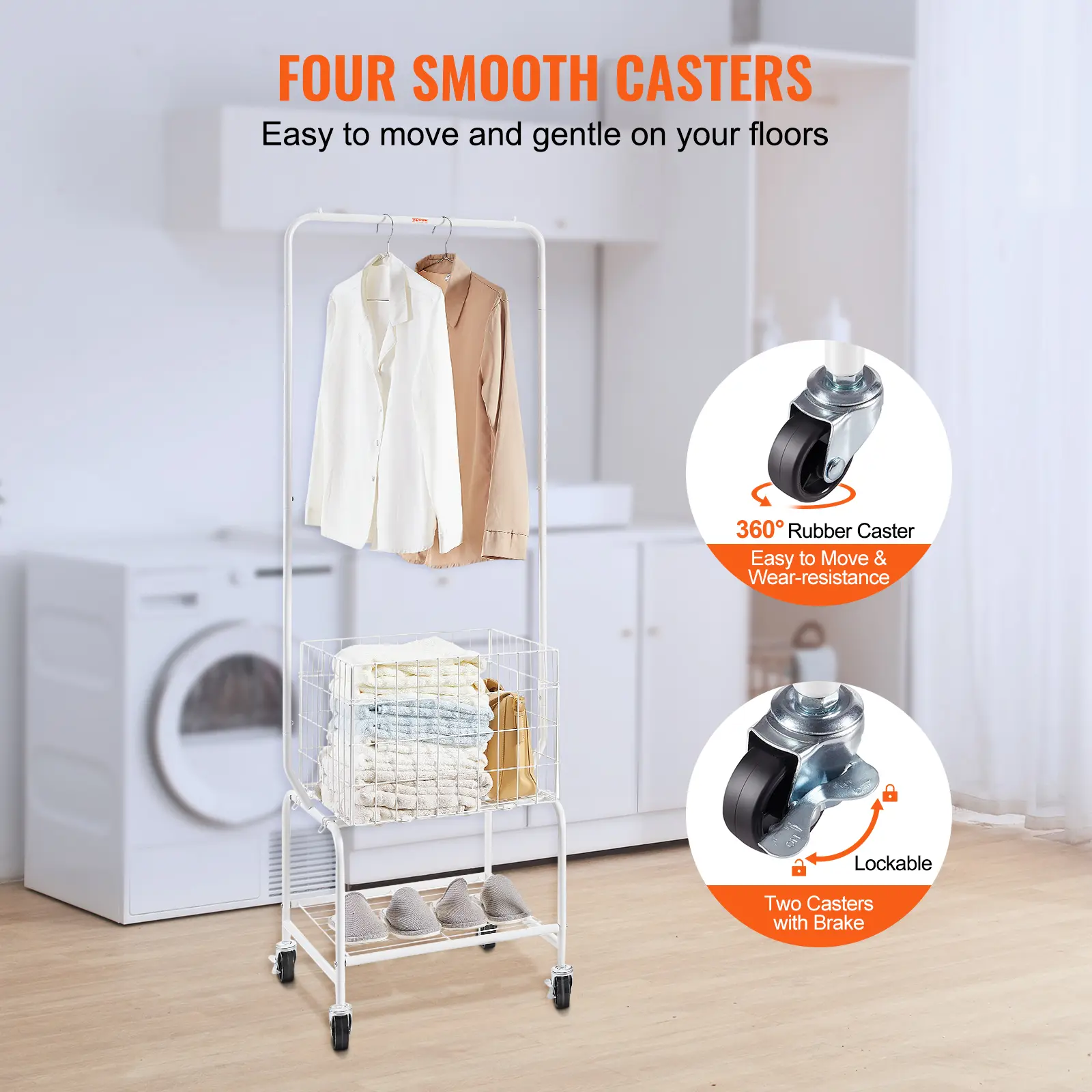 SucceBuy Metal Rolling Laundry Basket w/ Hanging Garment Rack Height Adjustment Laundry Hamper Cart w/ Basket Load & Shelf Load