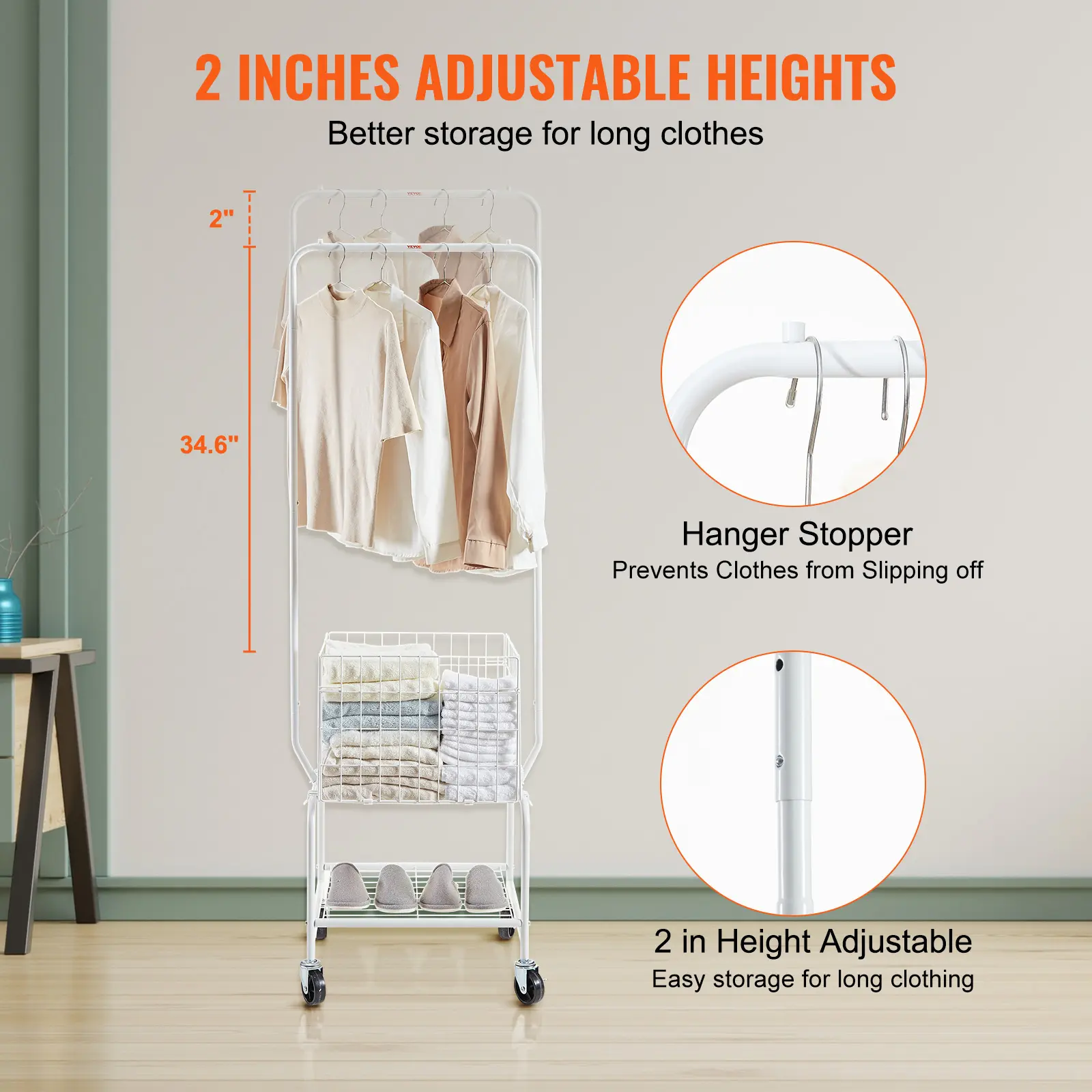 SucceBuy Metal Rolling Laundry Basket w/ Hanging Garment Rack Height Adjustment Laundry Hamper Cart w/ Basket Load & Shelf Load
