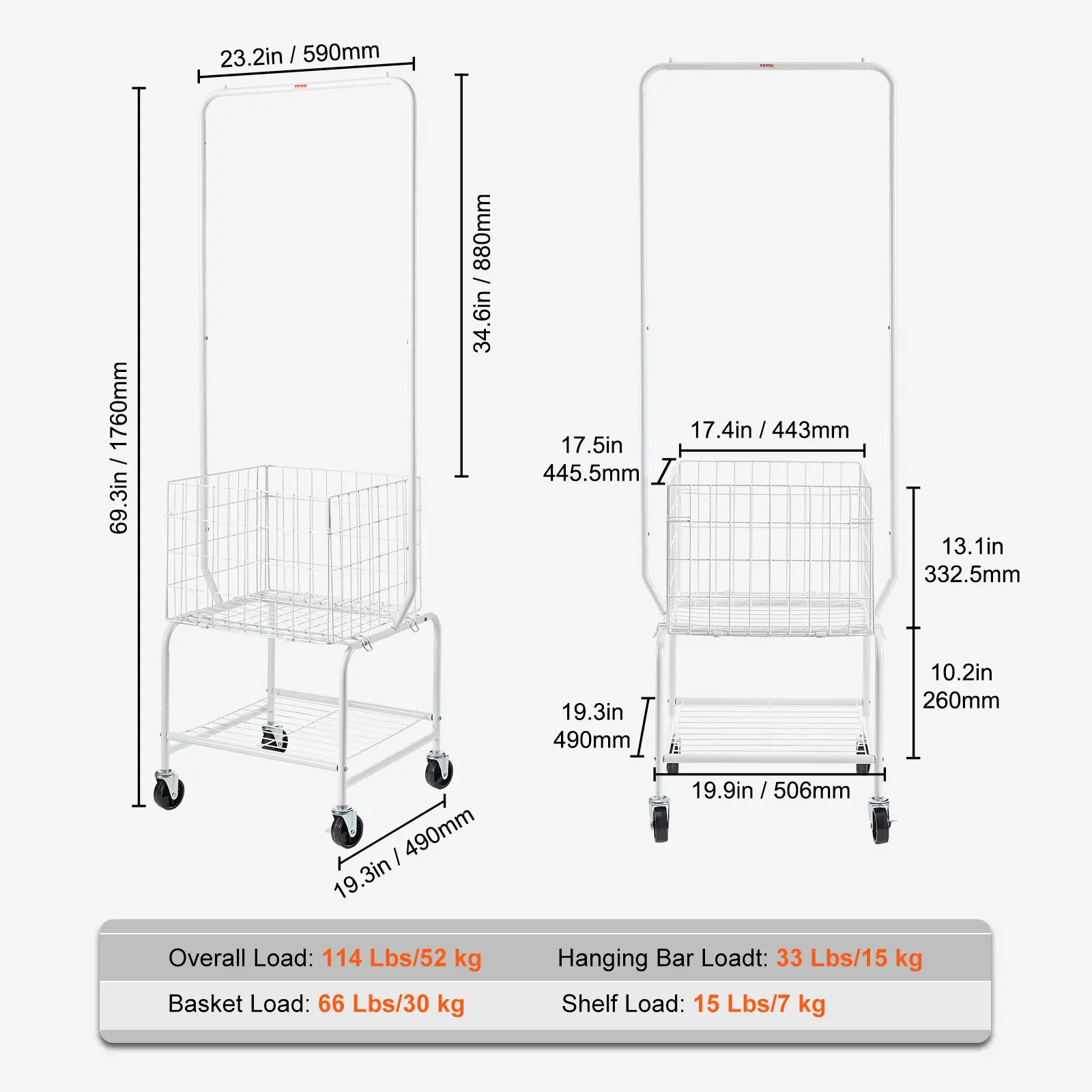 SucceBuy Metal Rolling Laundry Basket w/ Hanging Garment Rack Height Adjustment Laundry Hamper Cart w/ Basket Load & Shelf Load