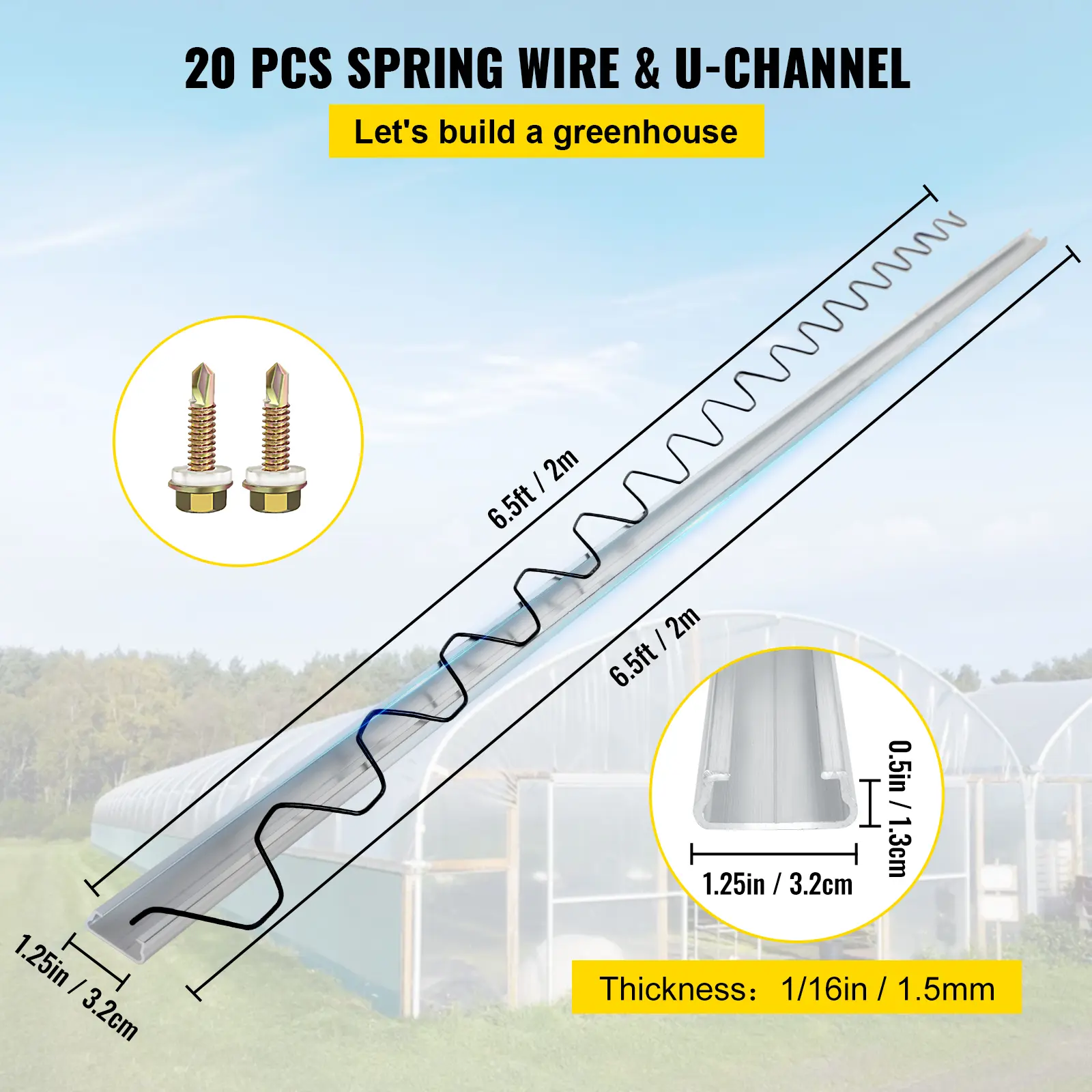 SucceBuy 20pcs Greenhouse Swinging Aluminum Wire Latch Channel 6.56ft Spring Lock Wiggle Wire and Lock Channel w/Screws