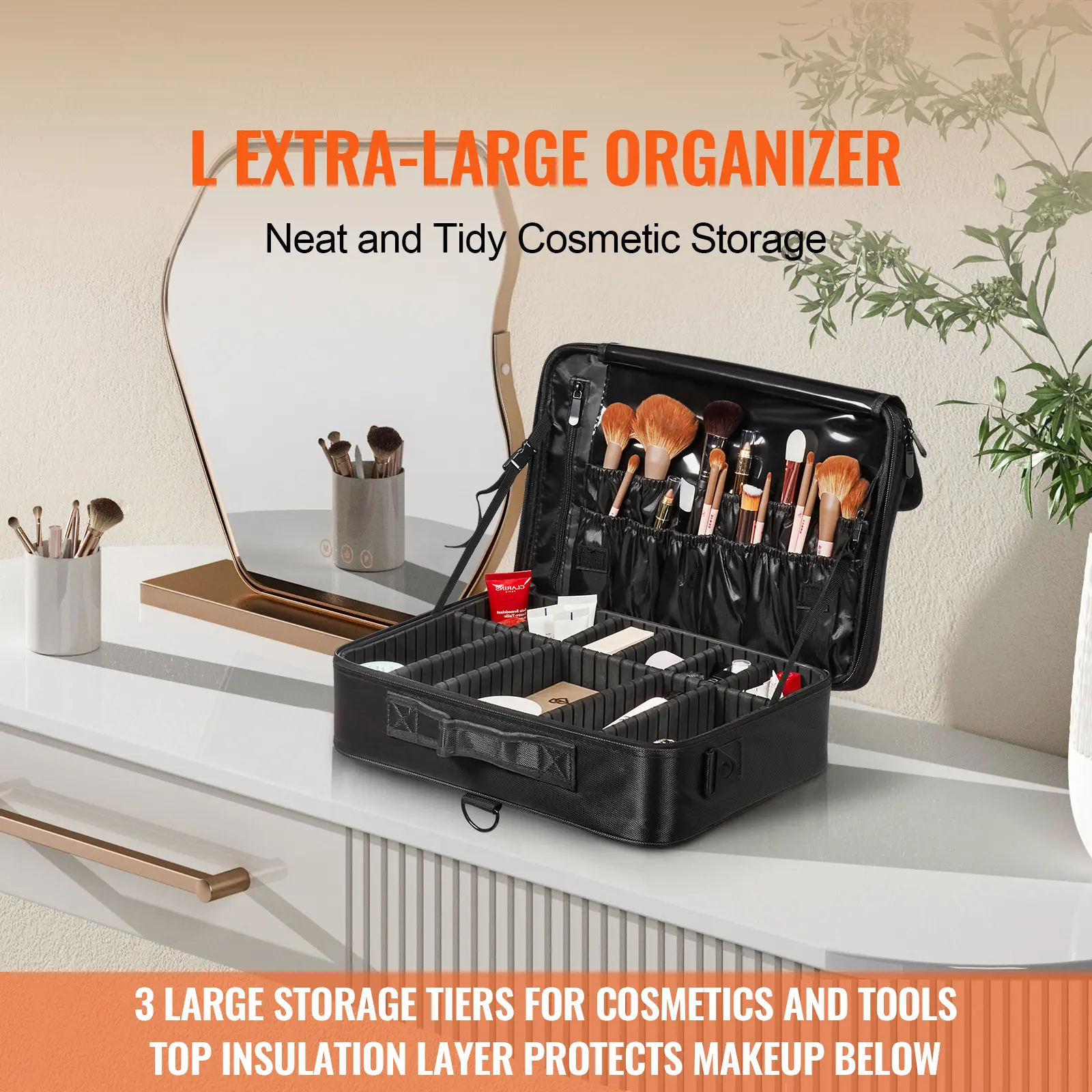 SucceBuy Makeup Train Case Large Storage 3 Tiers Convenient Carry With Handle Professional Waterproof Oxford Make Up Carrier