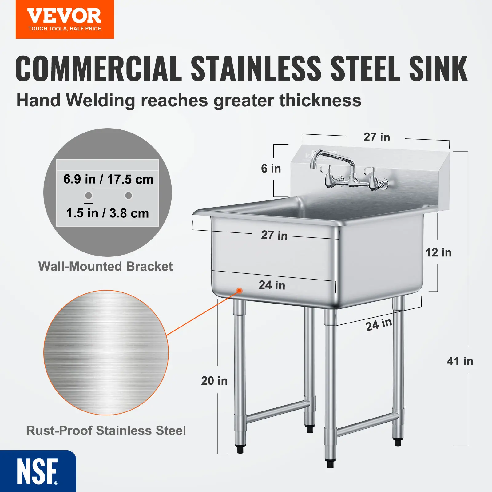 SucceBuy Stainless Steel Kitchen Prep & Utility Sink 1 Compartment Restaurant Commercial Steel Sink w/Faucet for Restaurant Home