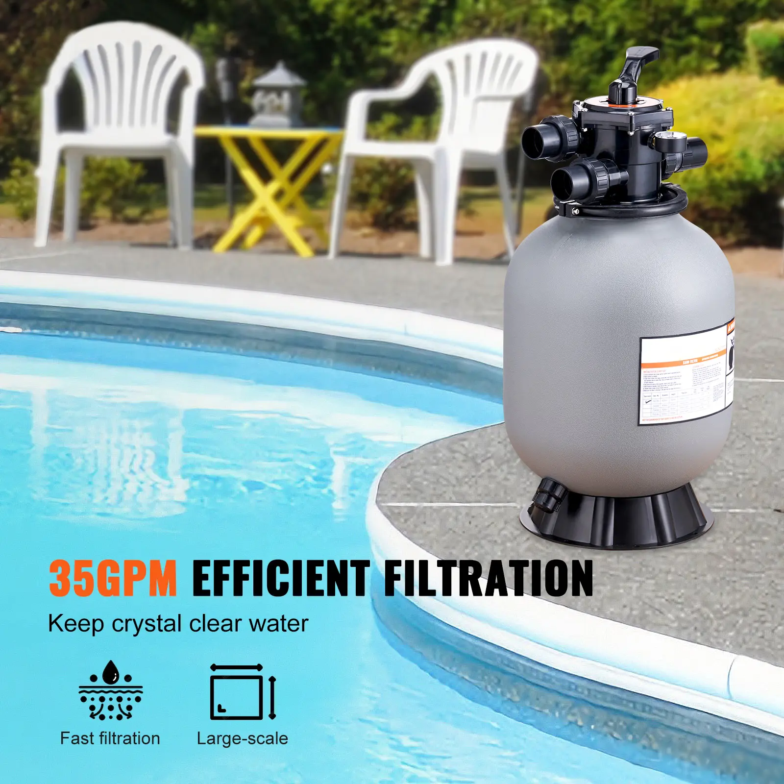 SucceBuy 16/19/22/24 Inch Sand Filter 7-Way Multi-Port Valve&High GPM Flow Rate Above Inground Swimming Pool Sand System Gray