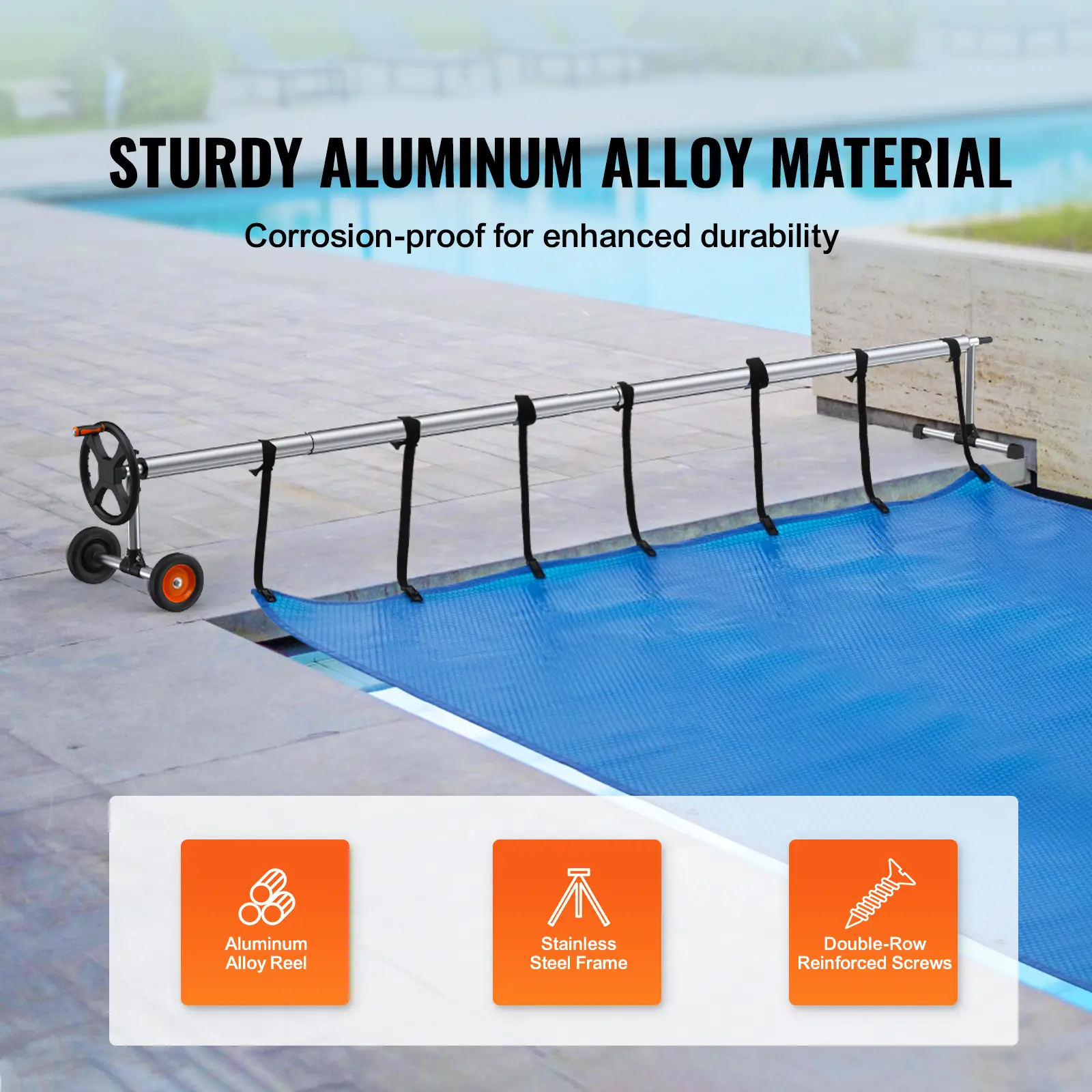 SucceBuy 14/20 ft Pool Cover Reel Solar Inground Cover Aluminum Reel Set with Sandbags Fits for 3-14 ft Width Swimming Pools