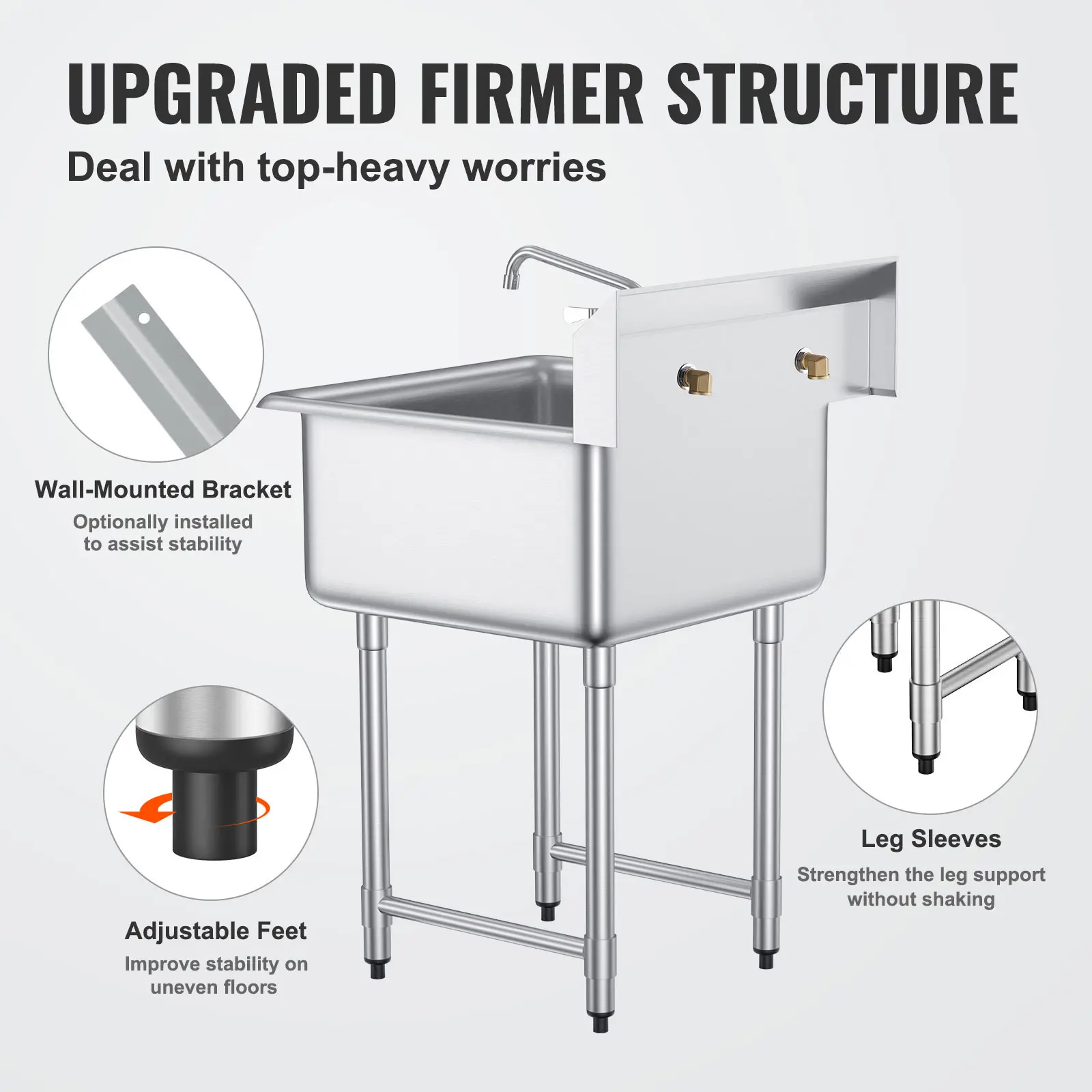 SucceBuy Stainless Steel Kitchen Prep & Utility Sink 1 Compartment Restaurant Commercial Steel Sink w/Faucet for Restaurant Home