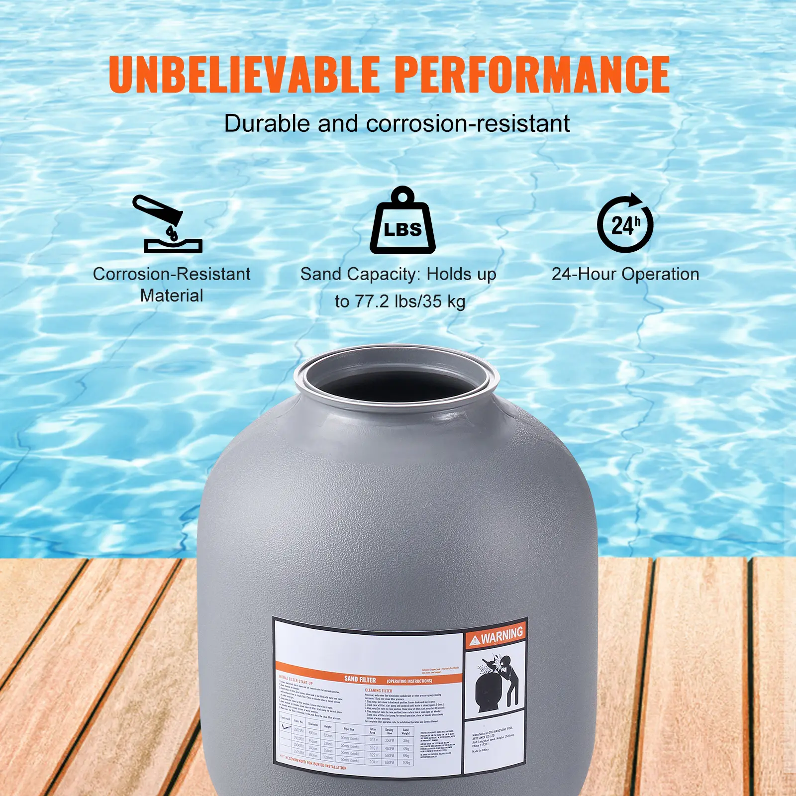 SucceBuy 16/19/22/24 Inch Sand Filter 7-Way Multi-Port Valve&High GPM Flow Rate Above Inground Swimming Pool Sand System Gray