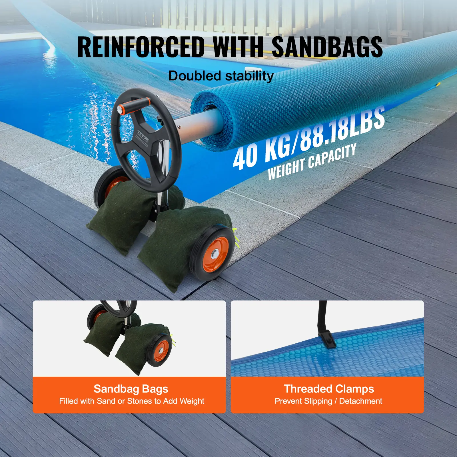 SucceBuy 14/20 ft Pool Cover Reel Solar Inground Cover Aluminum Reel Set with Sandbags Fits for 3-14 ft Width Swimming Pools