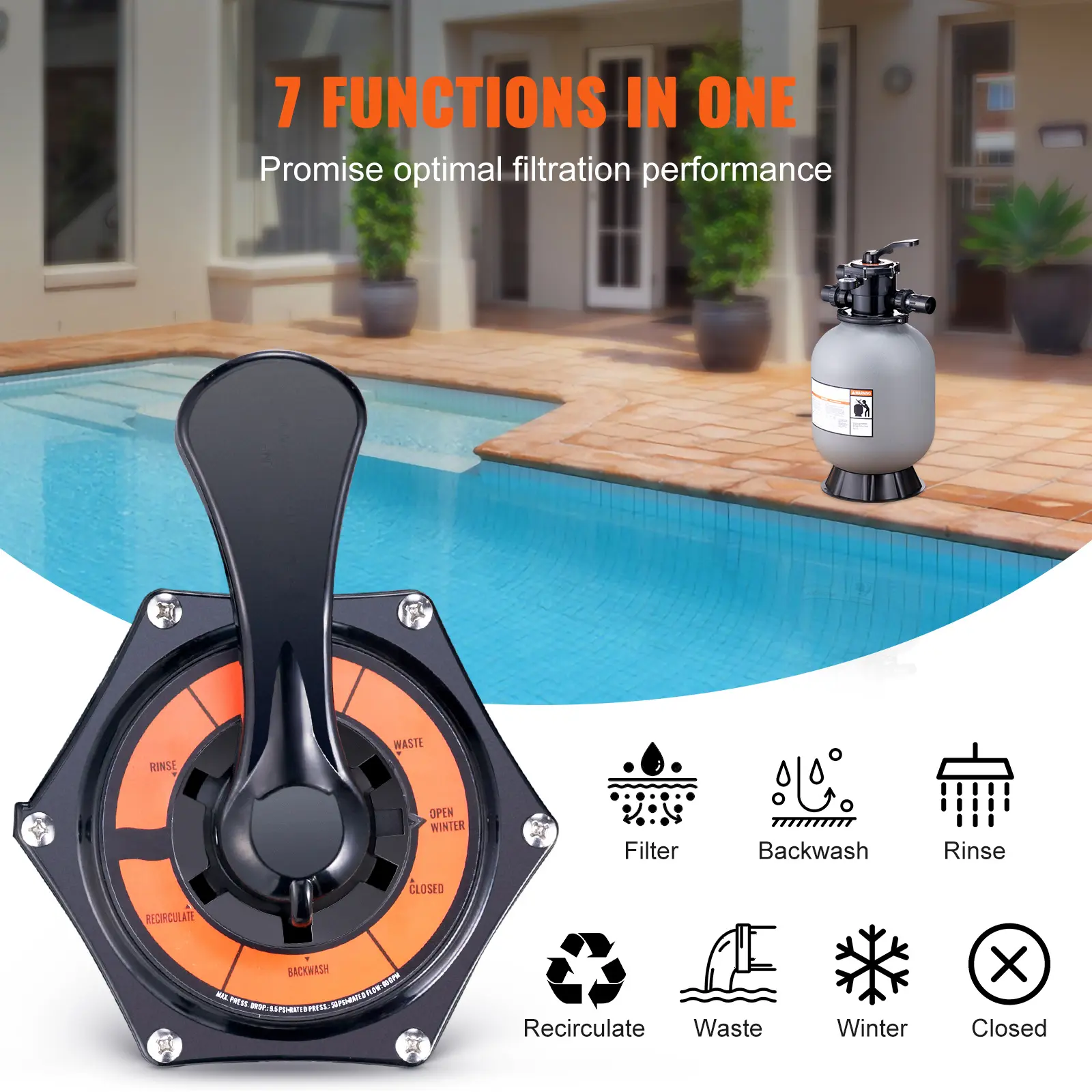 SucceBuy 16/19/22/24 Inch Sand Filter 7-Way Multi-Port Valve&High GPM Flow Rate Above Inground Swimming Pool Sand System Gray