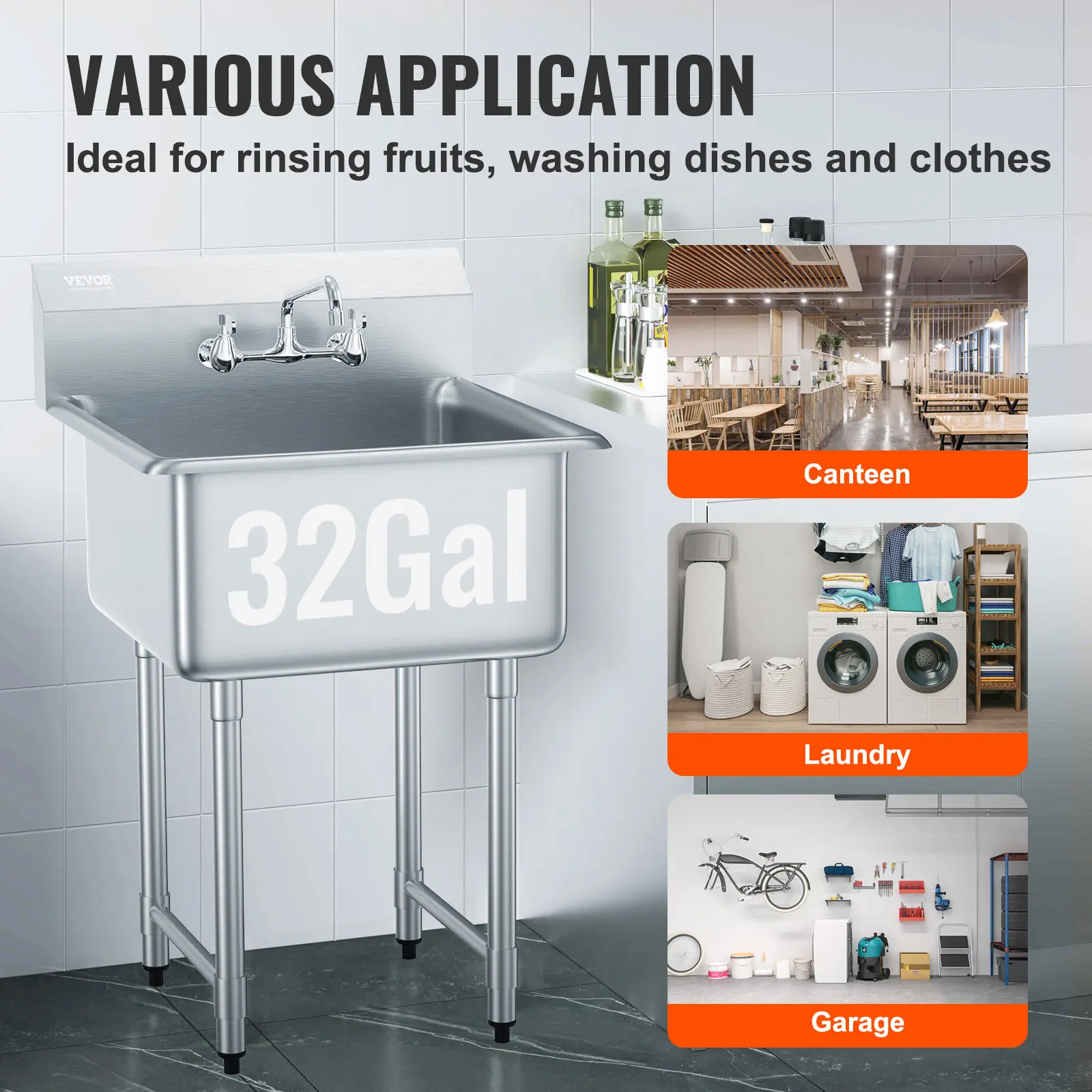 SucceBuy Stainless Steel Kitchen Prep & Utility Sink 1 Compartment Restaurant Commercial Steel Sink w/Faucet for Restaurant Home
