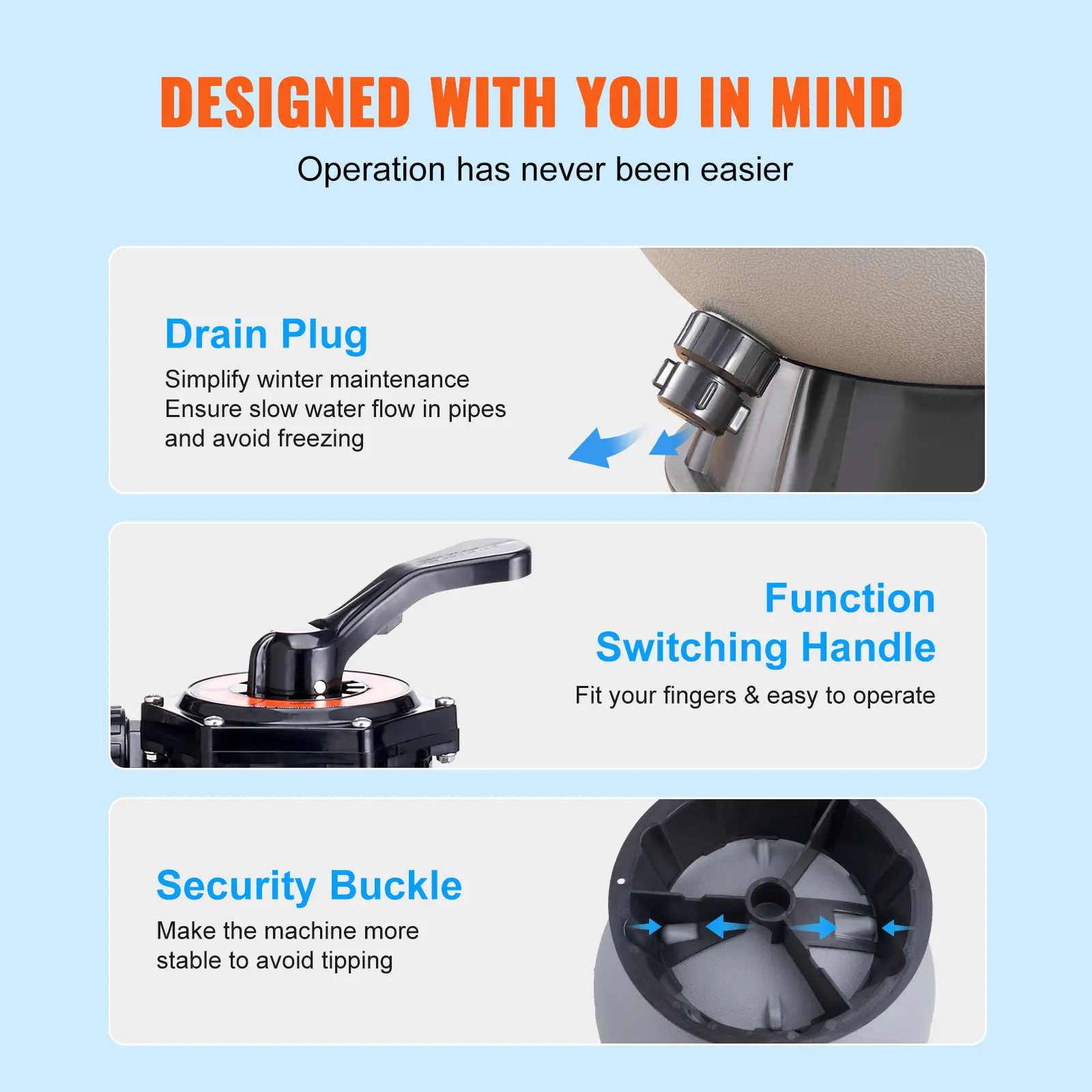 SucceBuy 16/19/22/24 Inch Sand Filter 7-Way Multi-Port Valve&High GPM Flow Rate Above Inground Swimming Pool Sand System Gray