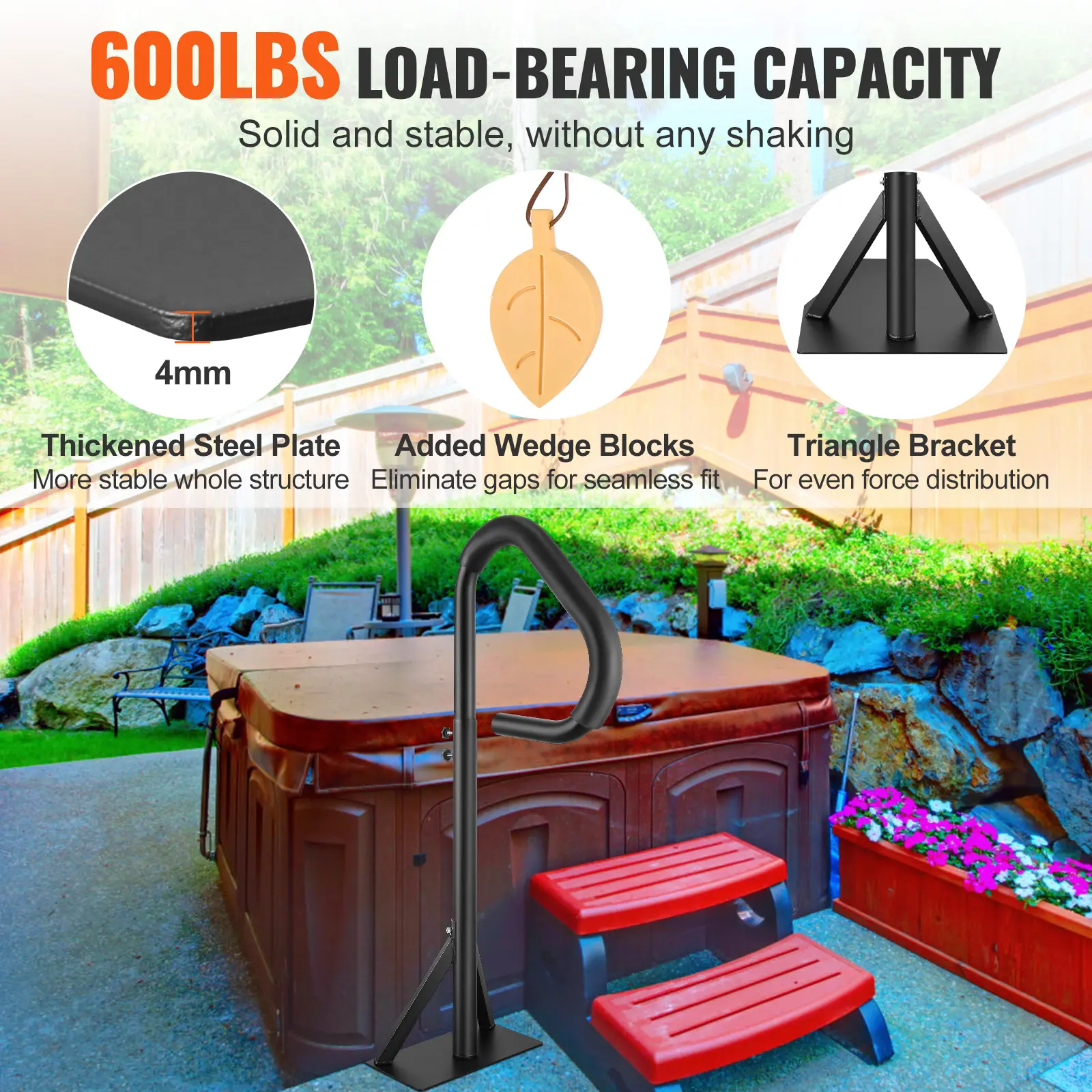 SucceBuy 360 Rotatable Hot Tub Handrail Spa Side Hand Rail Adjustable Height with Slide-Under Mount Base for In/ Outdoor Bathtub