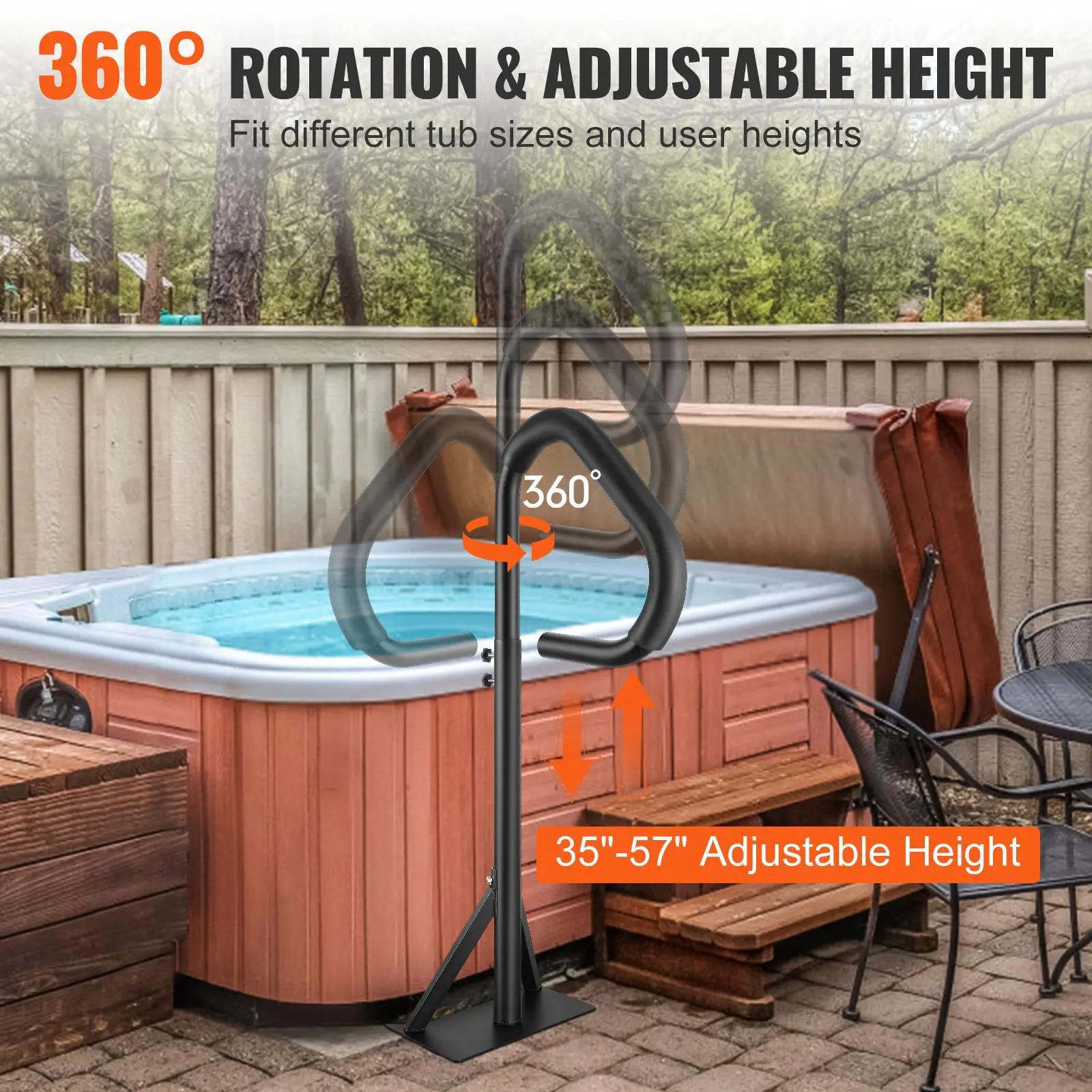 SucceBuy 360 Rotatable Hot Tub Handrail Spa Side Hand Rail Adjustable Height with Slide-Under Mount Base for In/ Outdoor Bathtub