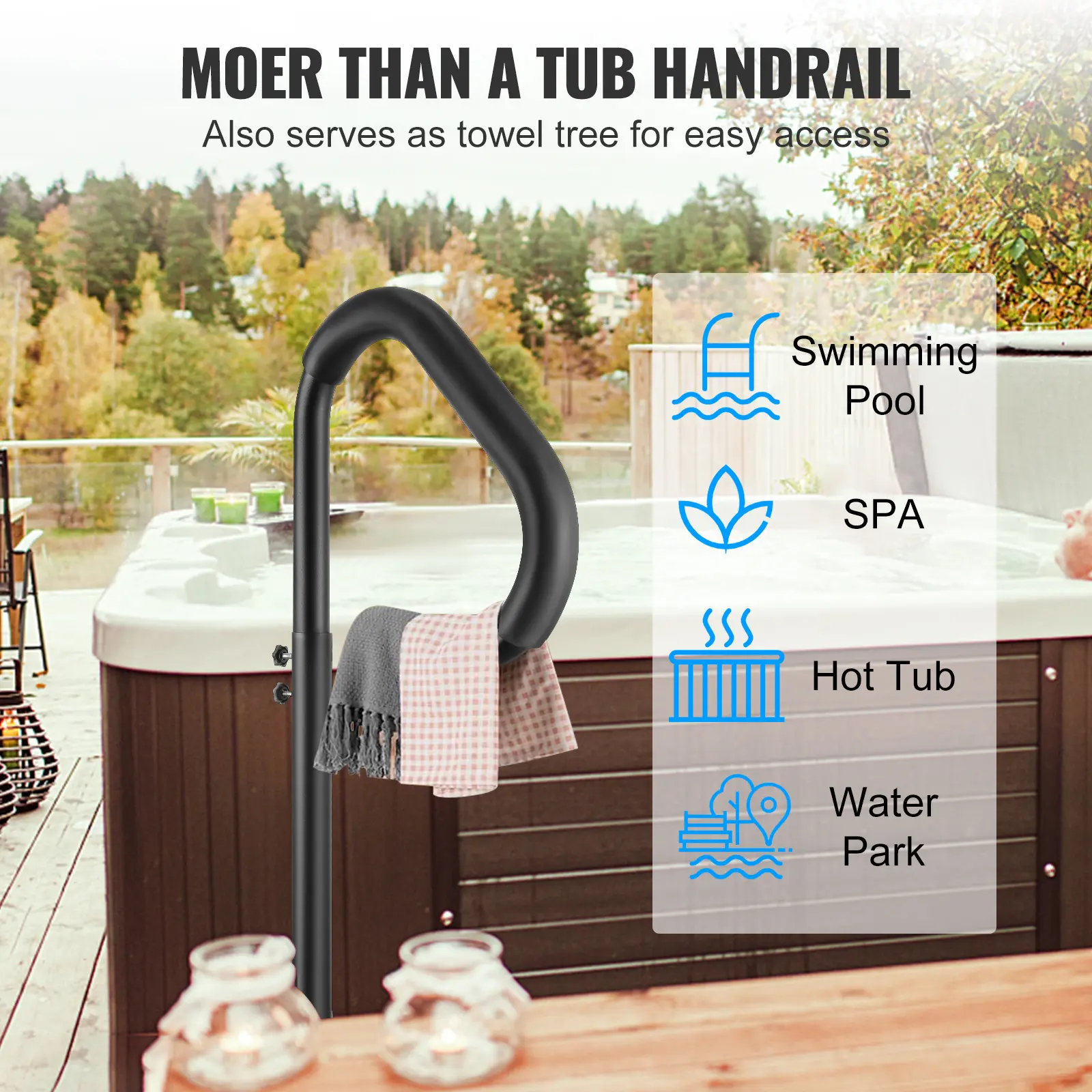 SucceBuy 360 Rotatable Hot Tub Handrail Spa Side Hand Rail Adjustable Height with Slide-Under Mount Base for In/ Outdoor Bathtub