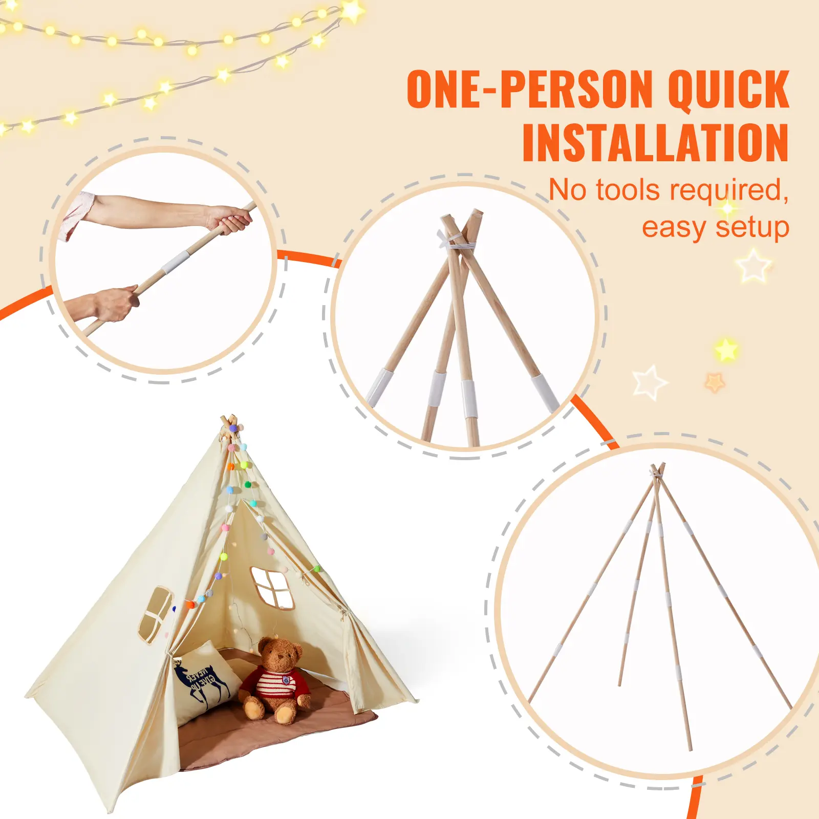 VEVOR Kids Play Tent Teepee Tent for Kids 1-5 Years Old Tent for Kids with Windows for Indoor and Outdoor Toddler Tent