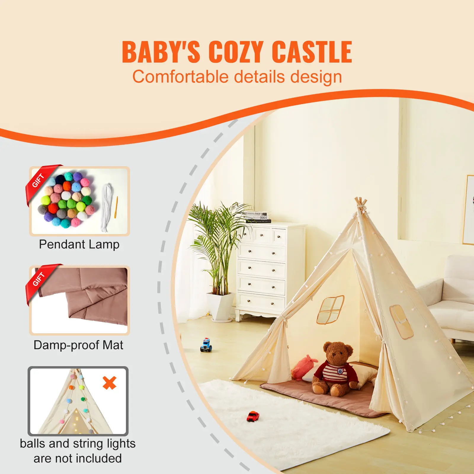 VEVOR Kids Play Tent Teepee Tent for Kids 1-5 Years Old Tent for Kids with Windows for Indoor and Outdoor Toddler Tent