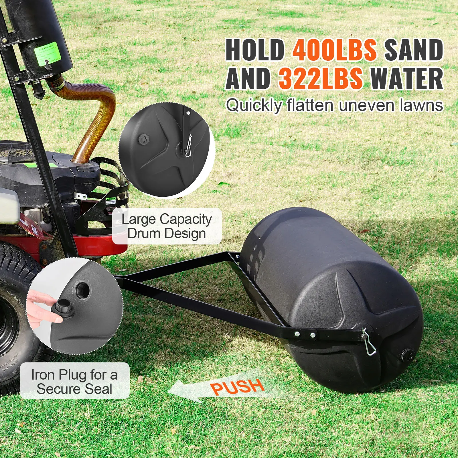 SucceBuy Tow Behind Lawn Roller Sand/Water Filled Yard Roller LLDPE Drum and Steel Frame Sod Roller with Easy-turn Plug