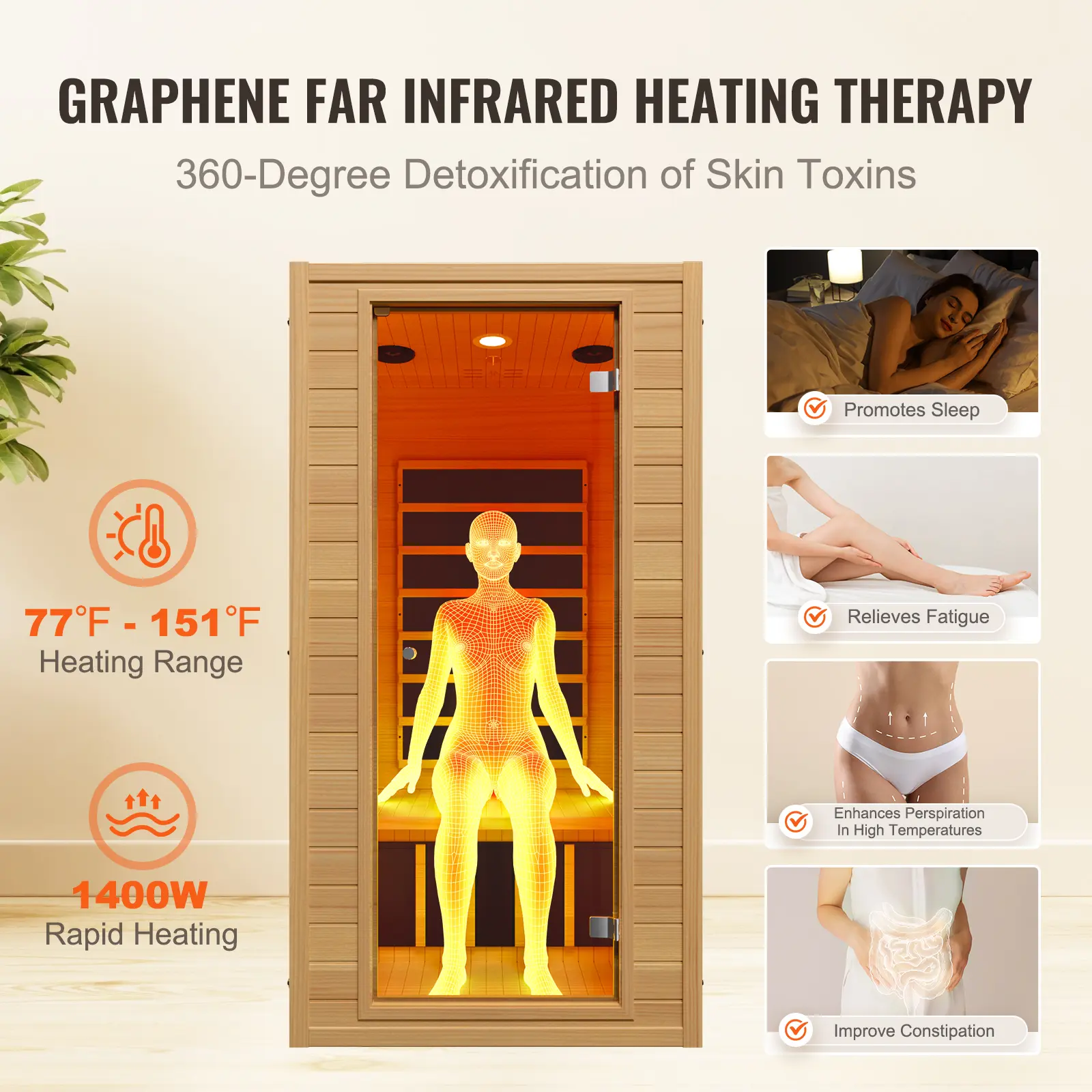SucceBuy Far Infrared Wooden Sauna Room Home Sauna Spa for Person Low EMF Far Infrared Hemlock Sauna with Tempered Glass Door