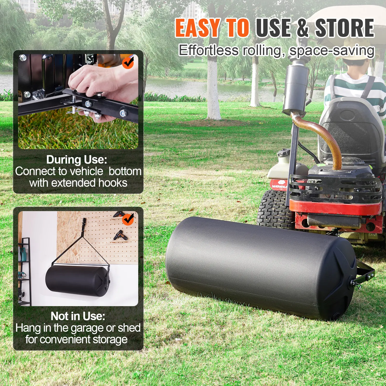 SucceBuy Tow Behind Lawn Roller Sand/Water Filled Yard Roller LLDPE Drum and Steel Frame Sod Roller with Easy-turn Plug