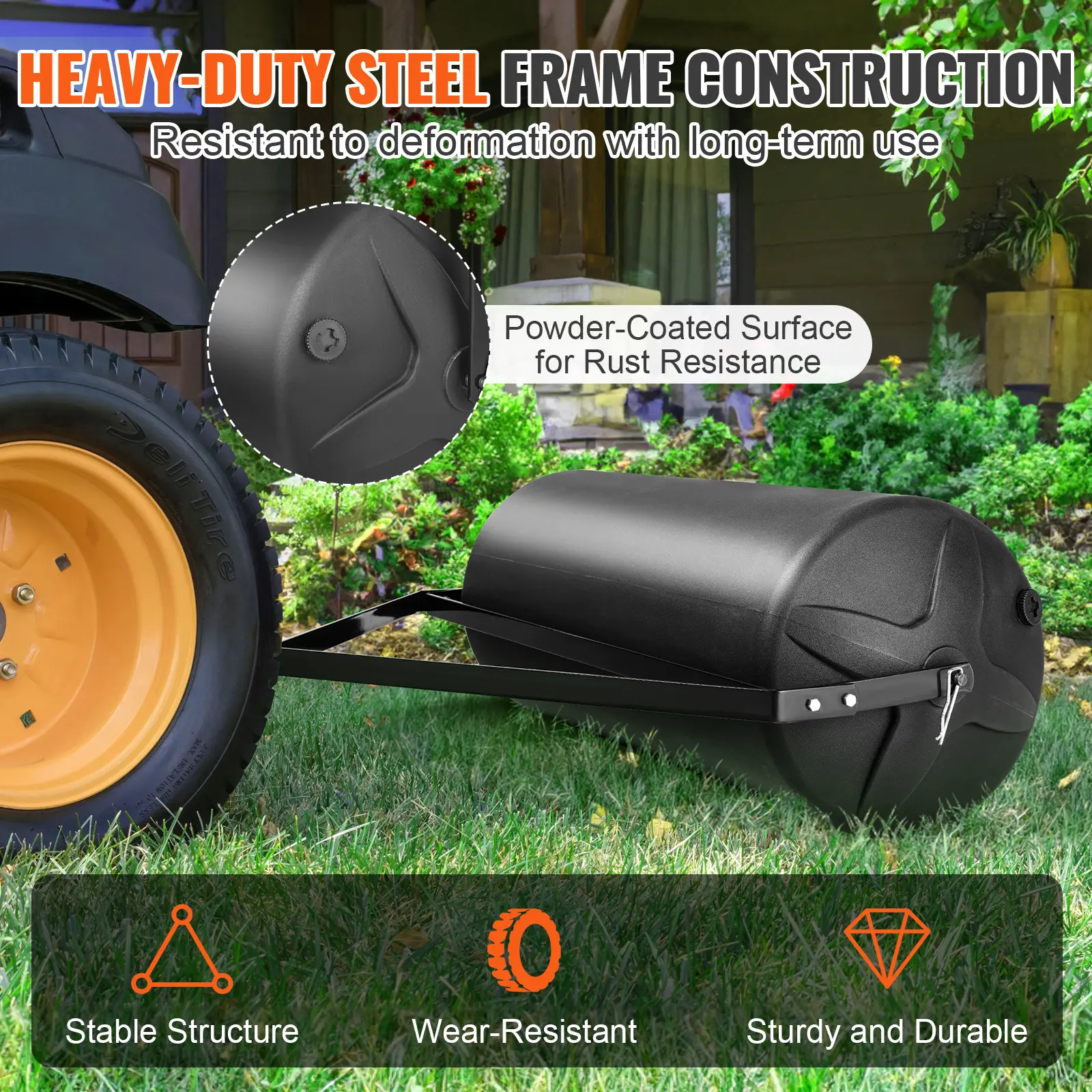 SucceBuy Tow Behind Lawn Roller Sand/Water Filled Yard Roller LLDPE Drum and Steel Frame Sod Roller with Easy-turn Plug