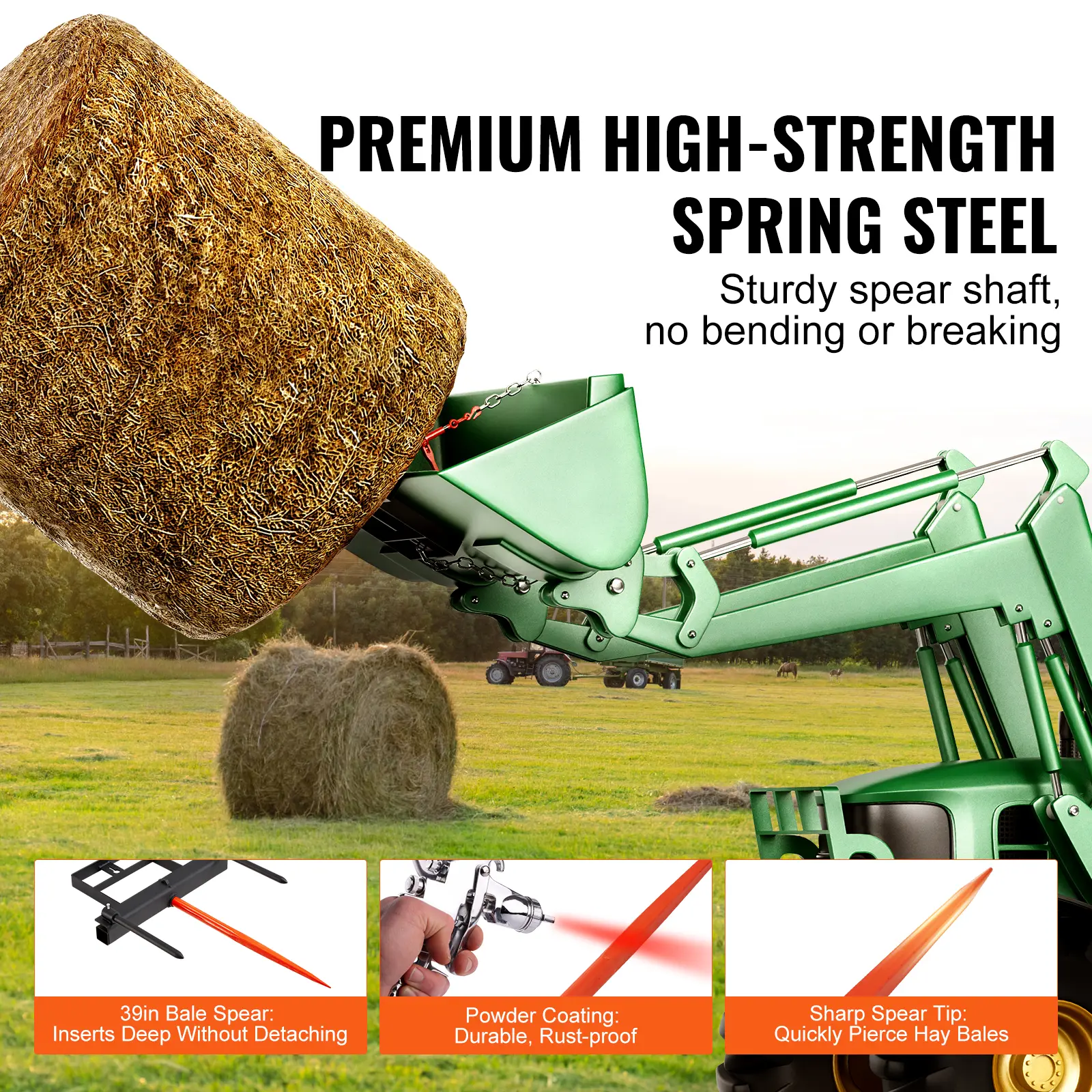 SucceBuy 39" Hay Spear Bale Spears 1600lbs Loading Capacity Skid Steer Loader Tractor Bucket Attachment with 17.5" Stabilizer