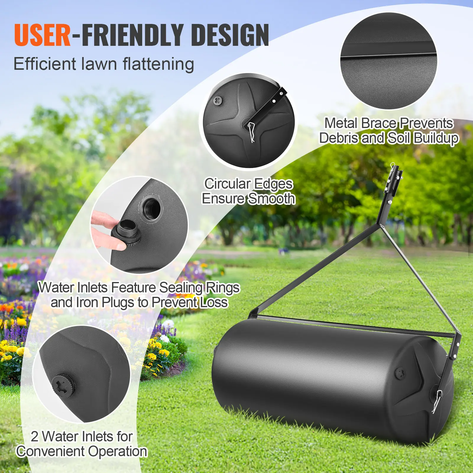 SucceBuy Tow Behind Lawn Roller Sand/Water Filled Yard Roller LLDPE Drum and Steel Frame Sod Roller with Easy-turn Plug