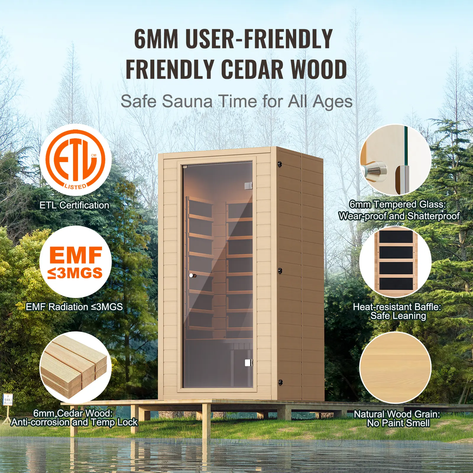 SucceBuy Far Infrared Wooden Sauna Room Home Sauna Spa for Person Low EMF Far Infrared Hemlock Sauna with Tempered Glass Door