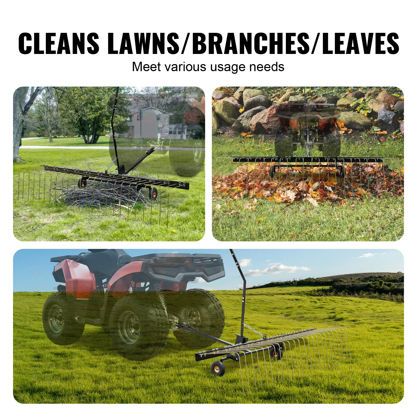 SucceBuy Tow Behind Dethatcher 60in Tow Dethatcher with 24 Steel Tines Lawn Dethatcher Rake for ATV/Mower Tow Behind Lawn Rake
