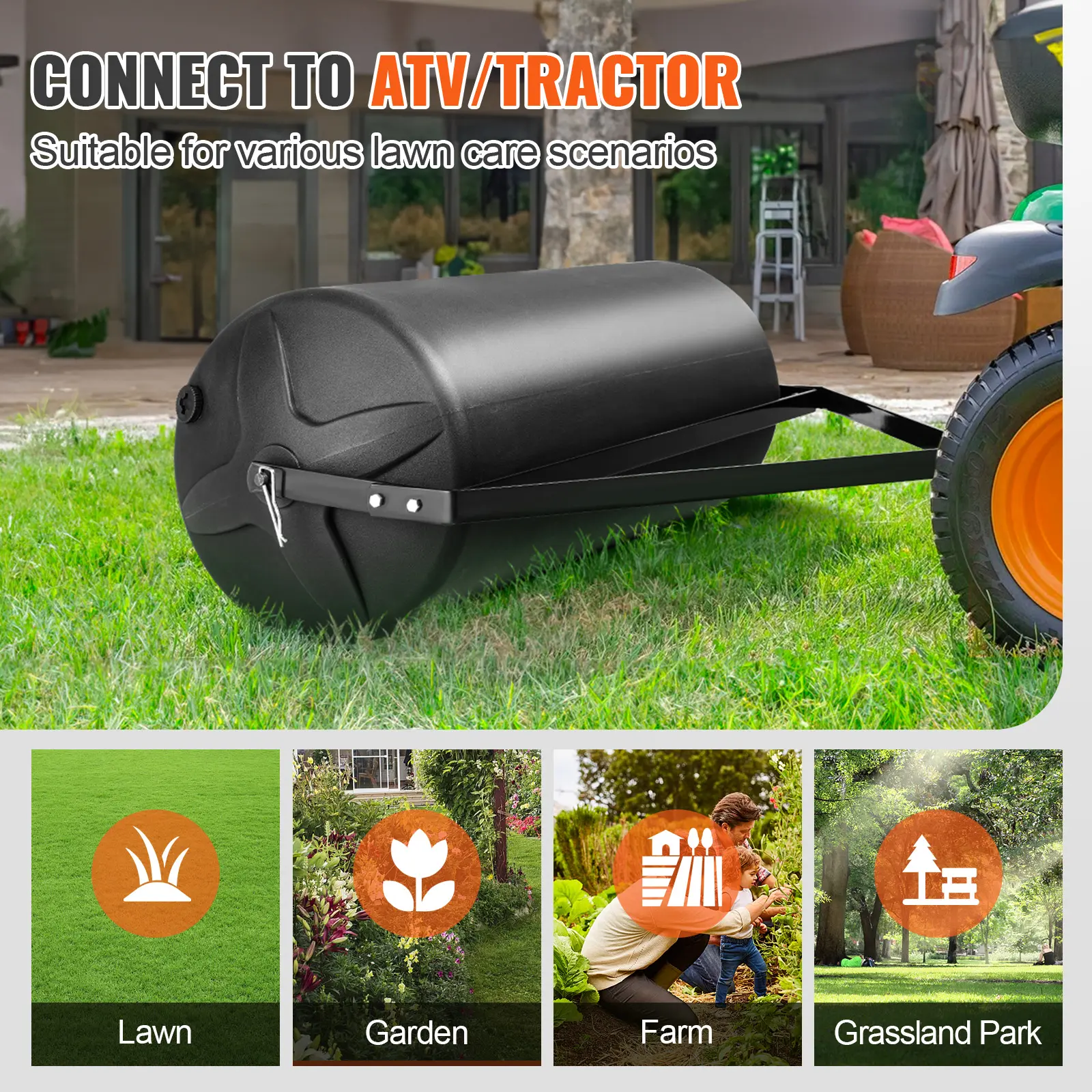 SucceBuy Tow Behind Lawn Roller Sand/Water Filled Yard Roller LLDPE Drum and Steel Frame Sod Roller with Easy-turn Plug