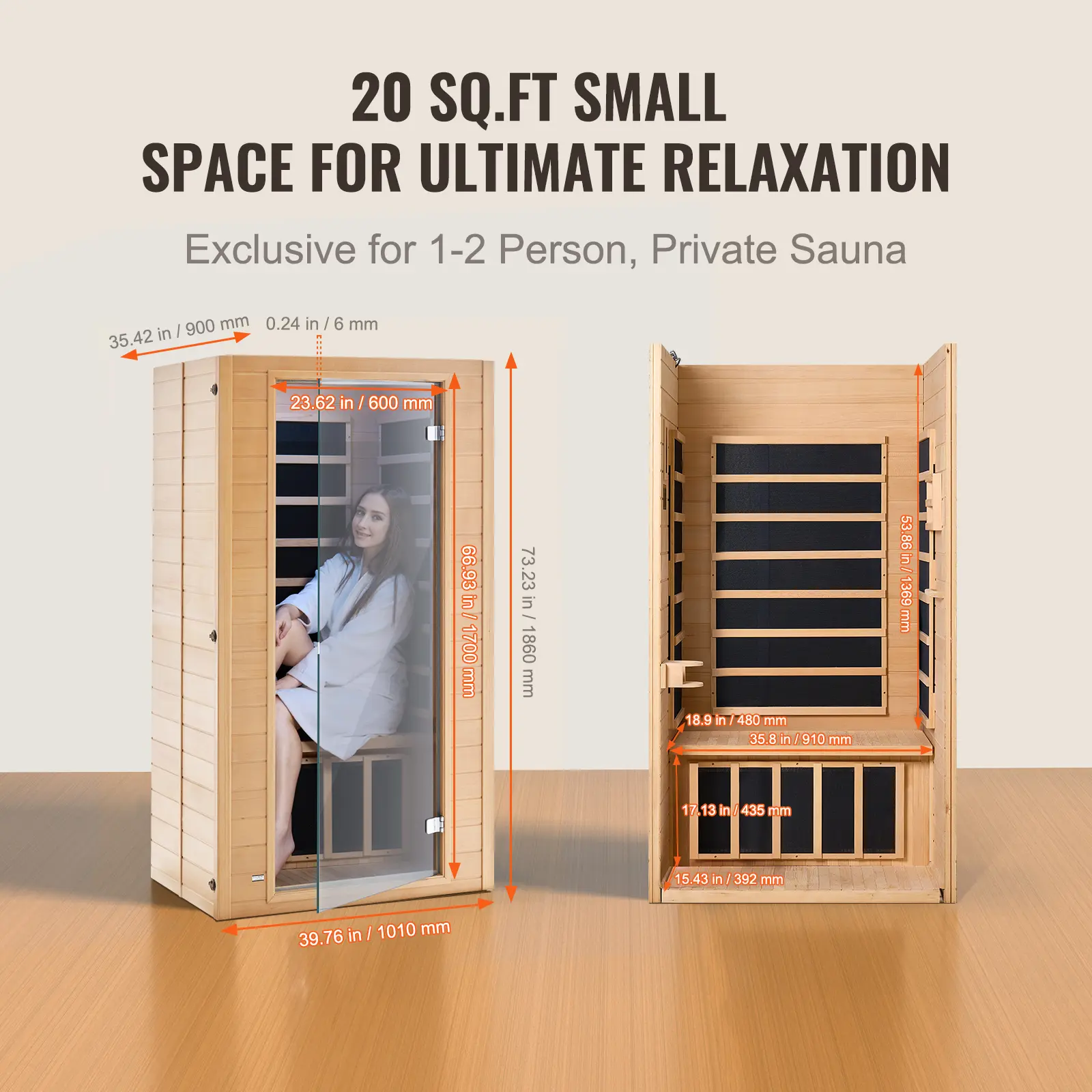 SucceBuy Far Infrared Wooden Sauna Room Home Sauna Spa for Person Low EMF Far Infrared Hemlock Sauna with Tempered Glass Door