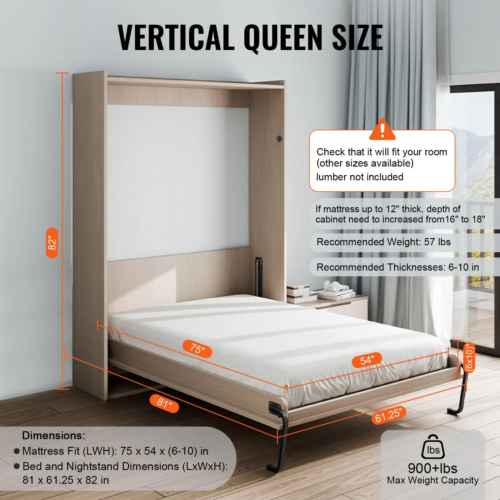 SucceBuy Murphy Bed Kit Full Size Vertical Deluxe DIY Wall Mechanical Hardware Pneumatic Lever Heavy Duty Frame for Guestroom