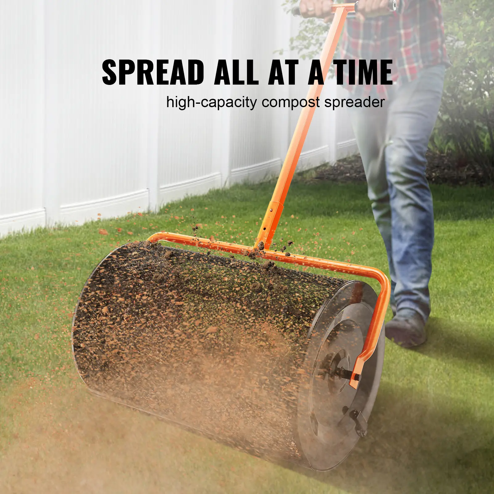 SucceBuy Compost Spreader 24inch Wide Adjustable Handle Lawn and Garden Peat Moss Roller Black For Spreading Manure Topsoil