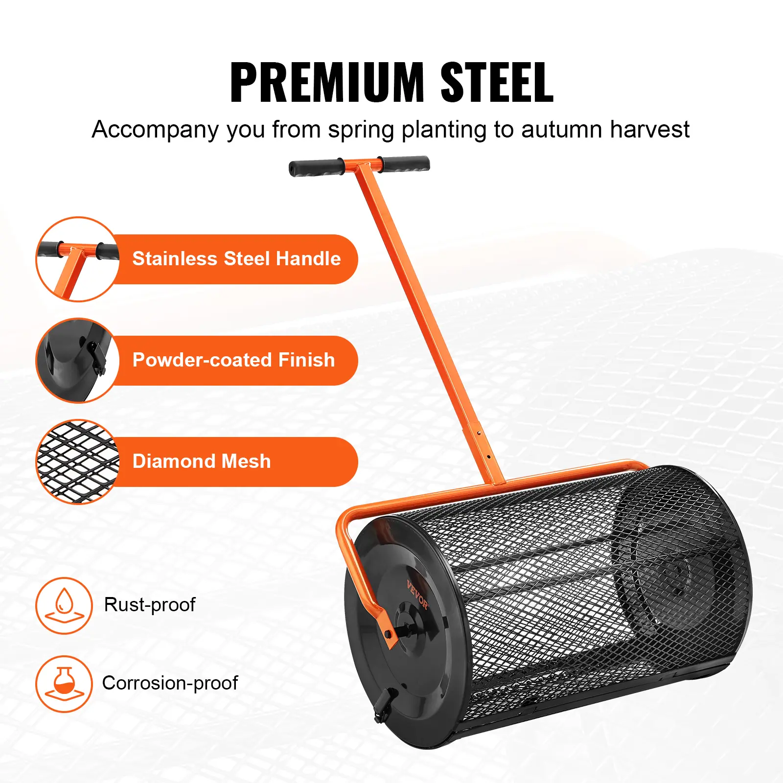 SucceBuy Compost Spreader 24inch Wide Adjustable Handle Lawn and Garden Peat Moss Roller Black For Spreading Manure Topsoil