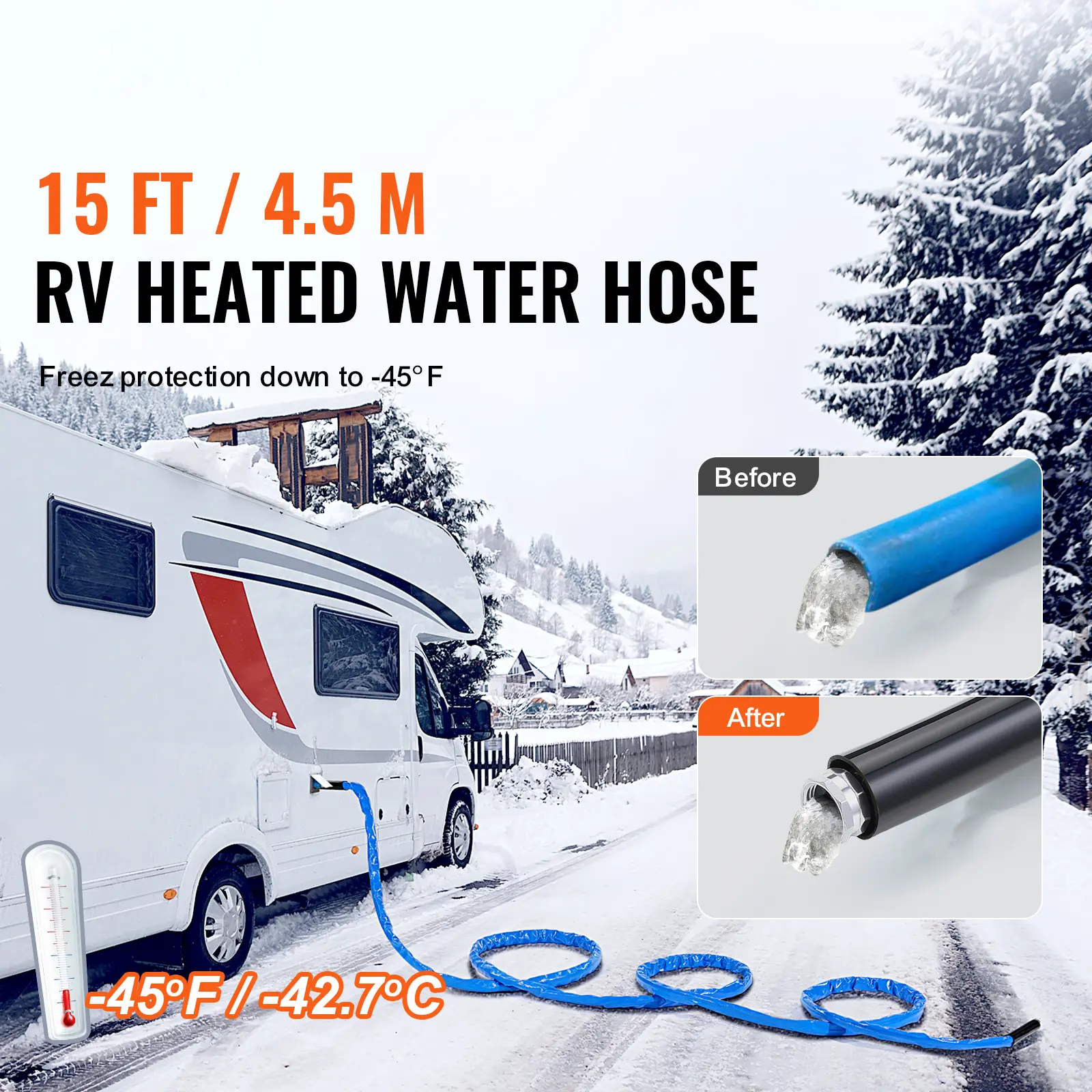 SucceBuy 15ft Heated Water Hose for Heated Drinking Water Hose w/ Corrugated Cover Antifreeze to -45°F Automatic Self-regulating