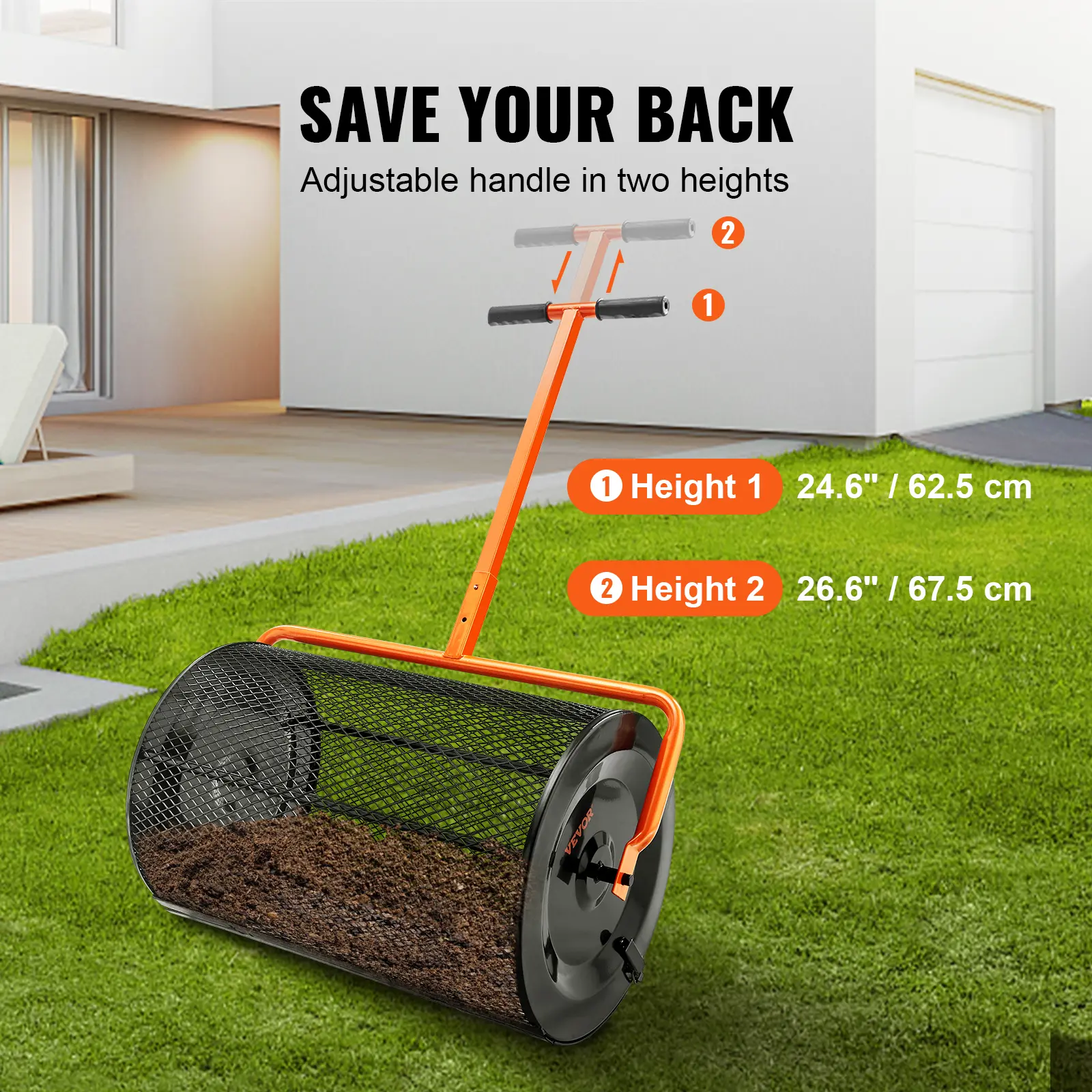 SucceBuy Compost Spreader 24inch Wide Adjustable Handle Lawn and Garden Peat Moss Roller Black For Spreading Manure Topsoil
