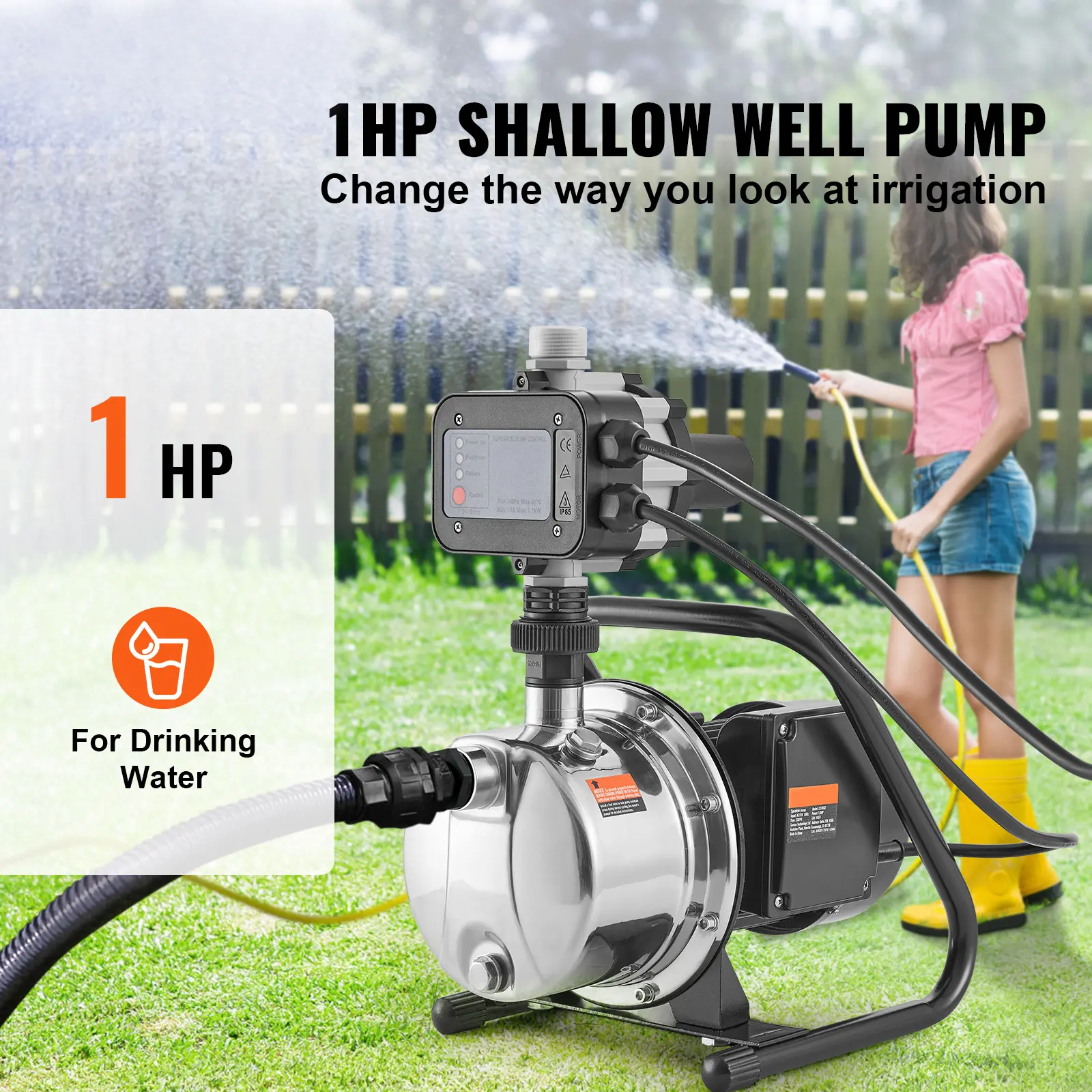 SucceBuy Shallow Well Pump Portable Sprinkler Booster Jet Pumps, Automatic Controller for Garden Lawn Irrigation Water Transfer