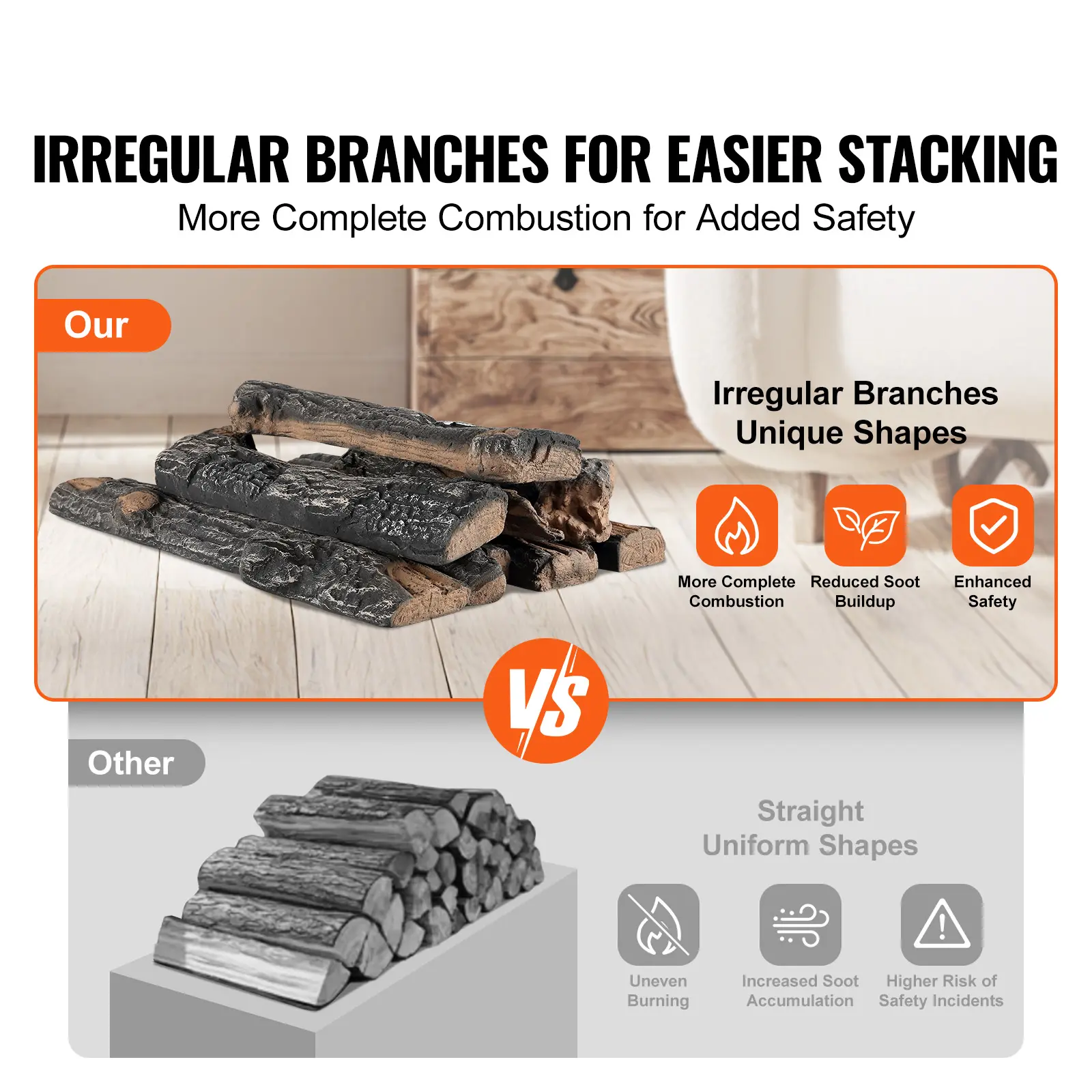 SucceBuy 8Pcs Oak Logs Gas Fireplace Ceramic for Fire place Heat-Resistant Wood Log Gas Realistic Logs Stackable Wood Branches