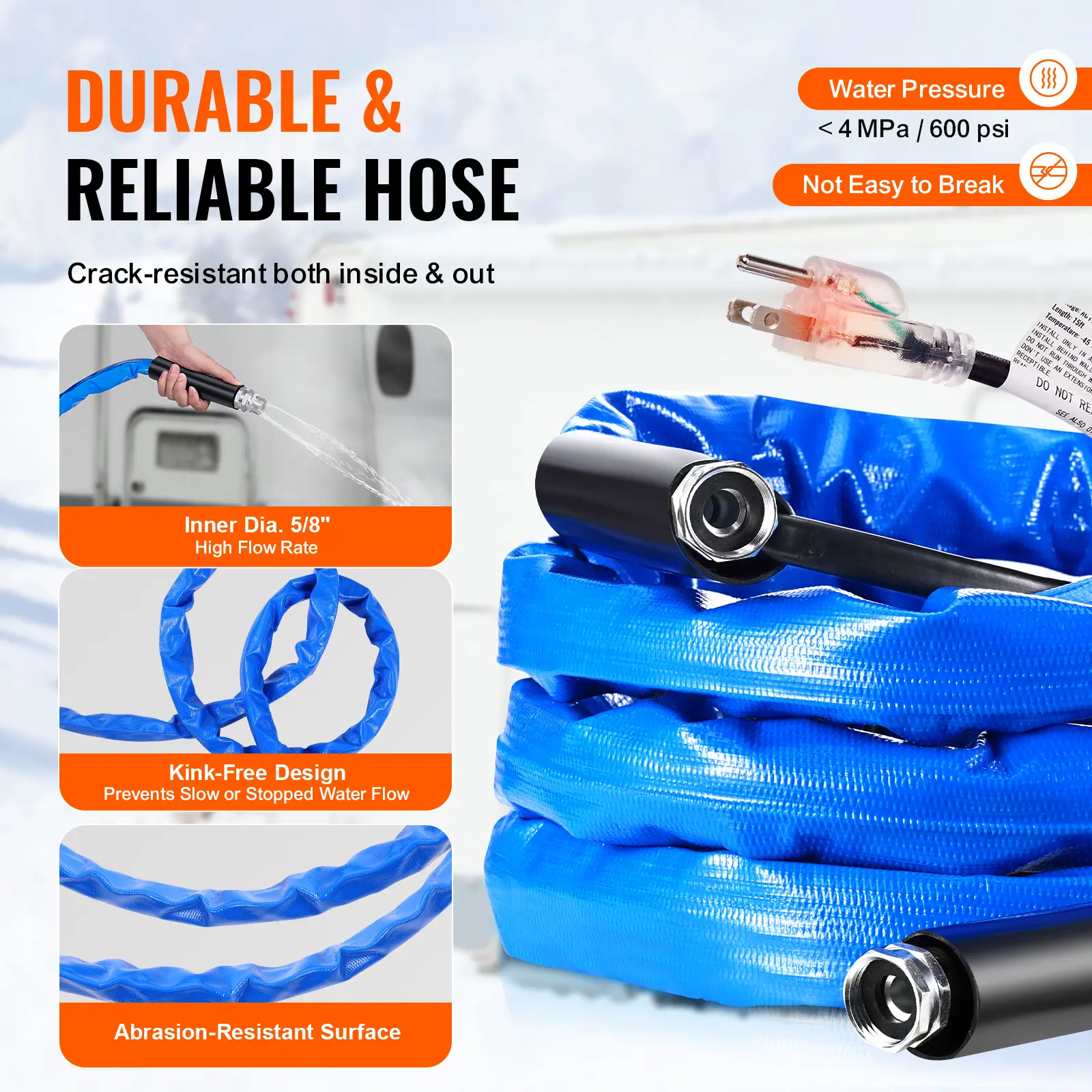 SucceBuy 15ft Heated Water Hose for Heated Drinking Water Hose w/ Corrugated Cover Antifreeze to -45°F Automatic Self-regulating