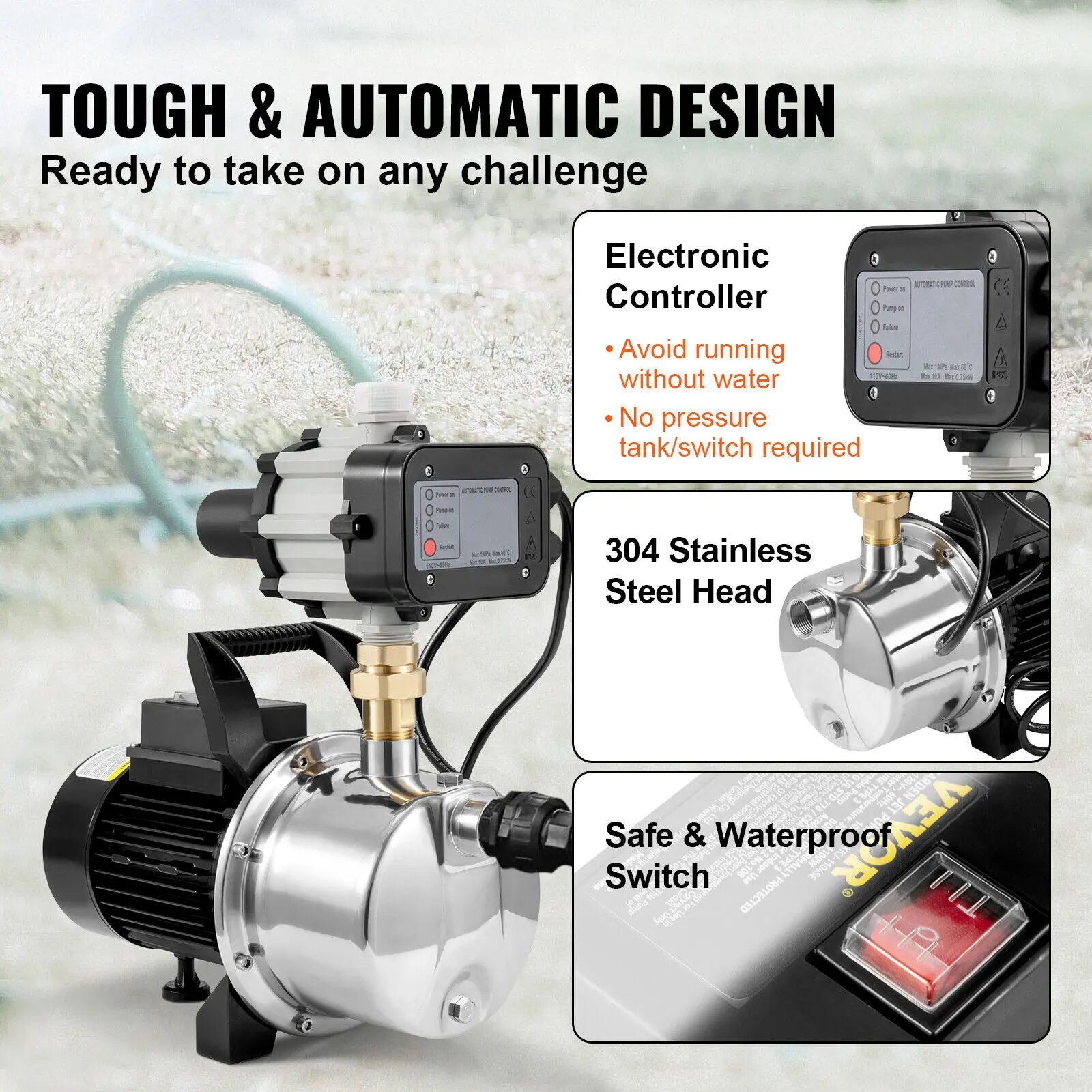 SucceBuy Shallow Well Pump Portable Sprinkler Booster Jet Pumps, Automatic Controller for Garden Lawn Irrigation Water Transfer