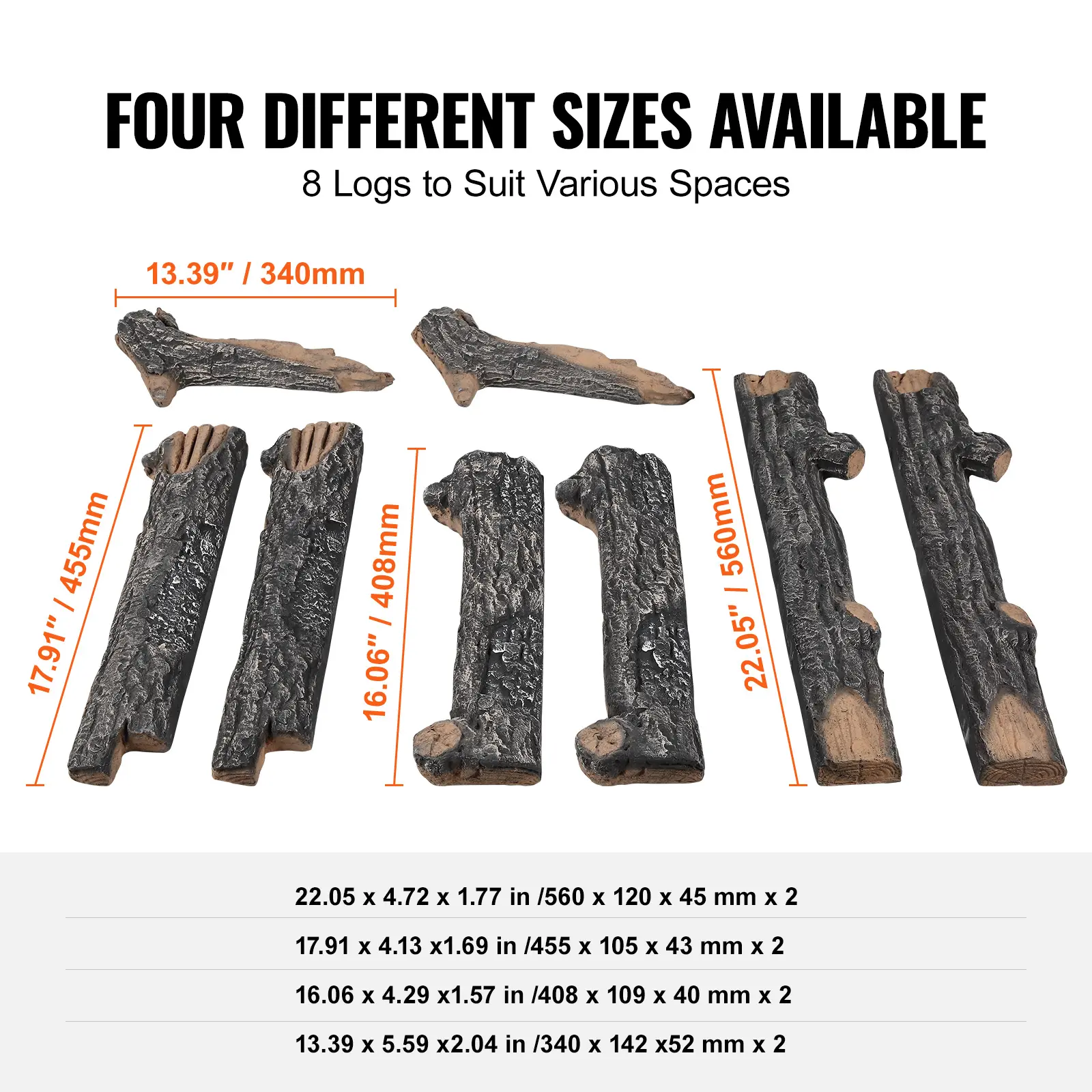 SucceBuy 8Pcs Oak Logs Gas Fireplace Ceramic for Fire place Heat-Resistant Wood Log Gas Realistic Logs Stackable Wood Branches