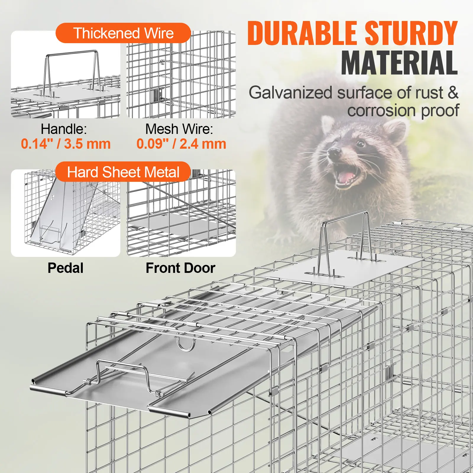 VEVOR Live Animal Cage Trap Humane Cat Trap Galvanized Iron Folding Animal Trap with Handle for Rabbits Stray Cats Squirrels